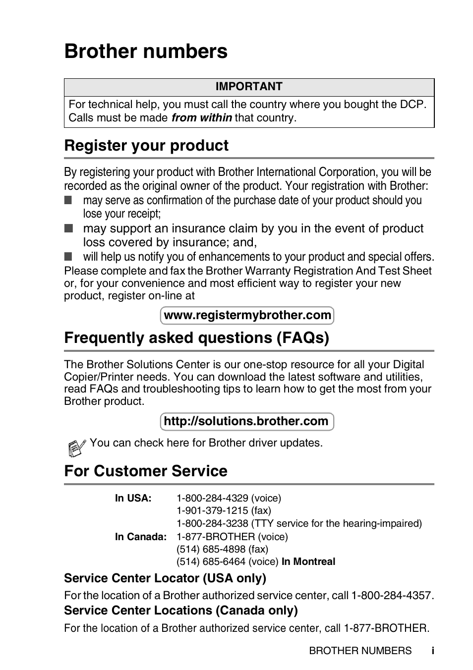 Brother numbers, Register your product, Frequently asked questions (faqs) | For customer service | Brother DCP-8020 User Manual | Page 3 / 282