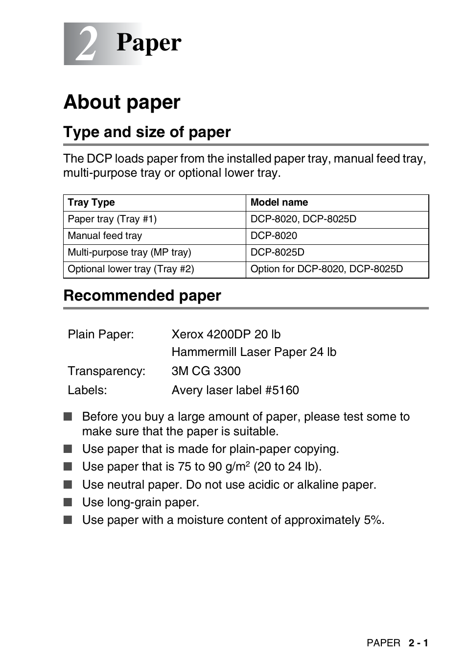 2 paper, About paper, Type and size of paper | Recommended paper, Paper -1, About paper -1, Type and size of paper -1 recommended paper -1, Paper | Brother DCP-8020 User Manual | Page 33 / 282