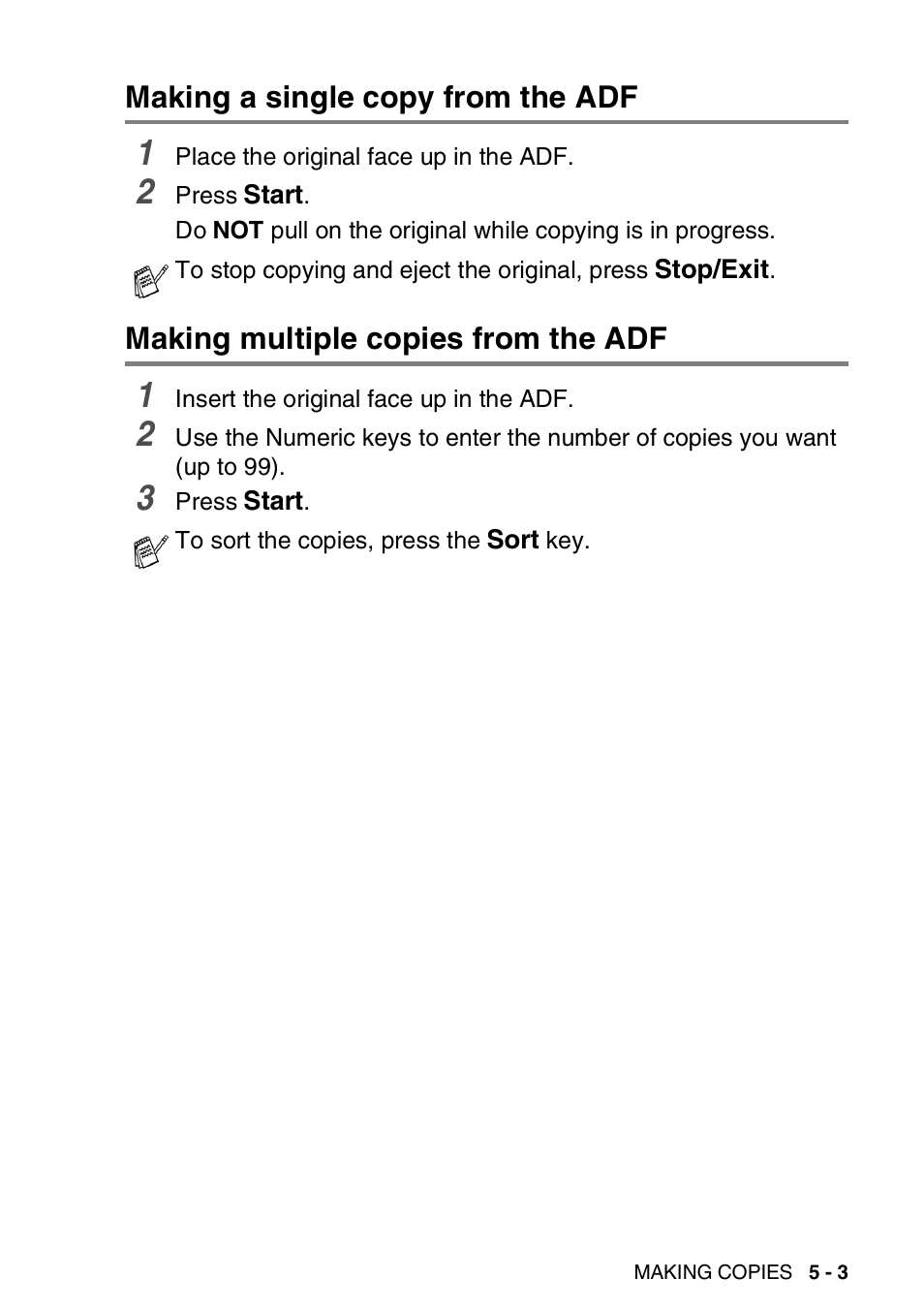 Making a single copy from the adf, Making multiple copies from the adf | Brother DCP-8020 User Manual | Page 63 / 282