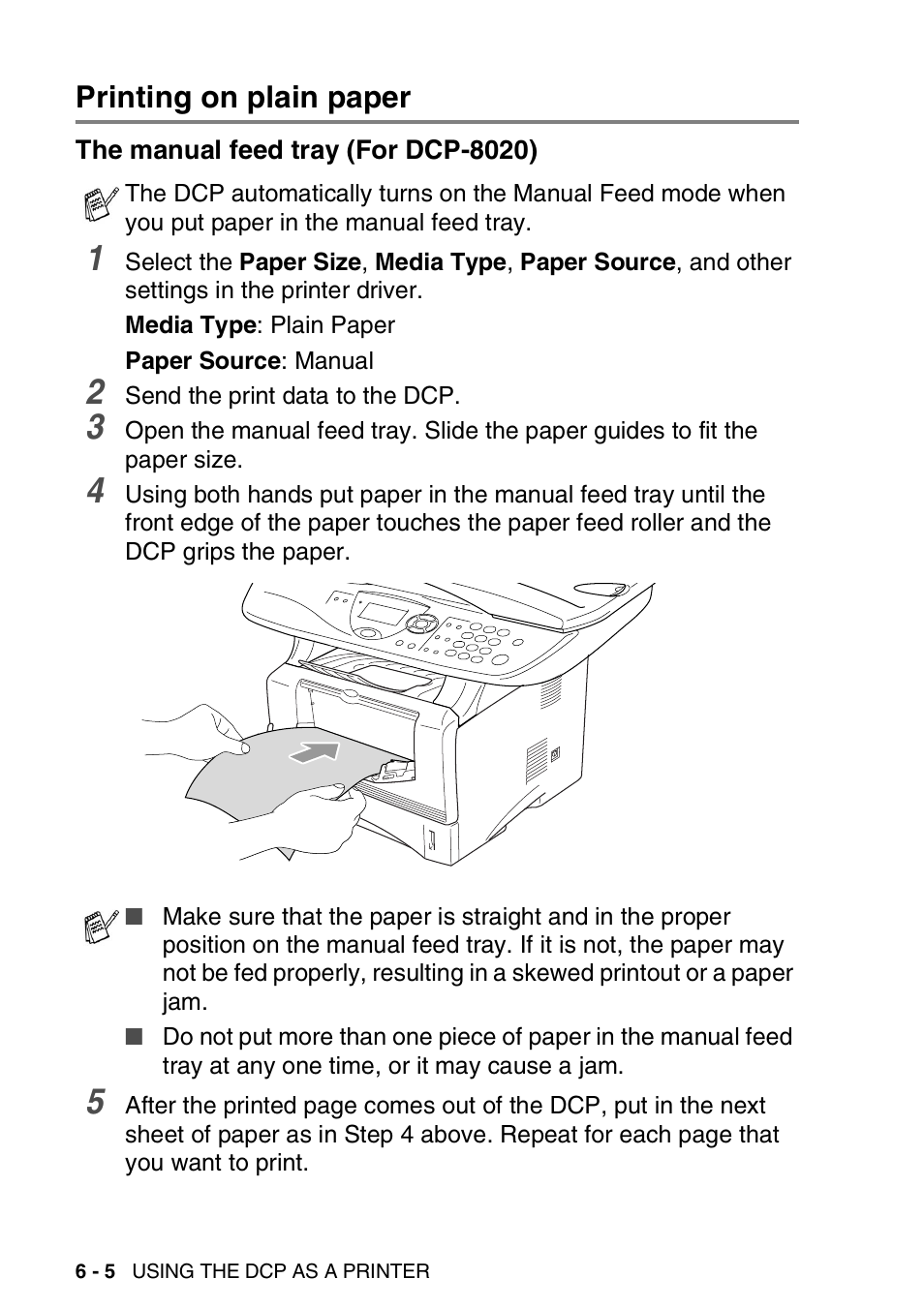 Printing on plain paper, The manual feed tray (for dcp-8020), Printing on plain paper -5 | The manual feed tray (for dcp-8020) -5 | Brother DCP-8020 User Manual | Page 82 / 282