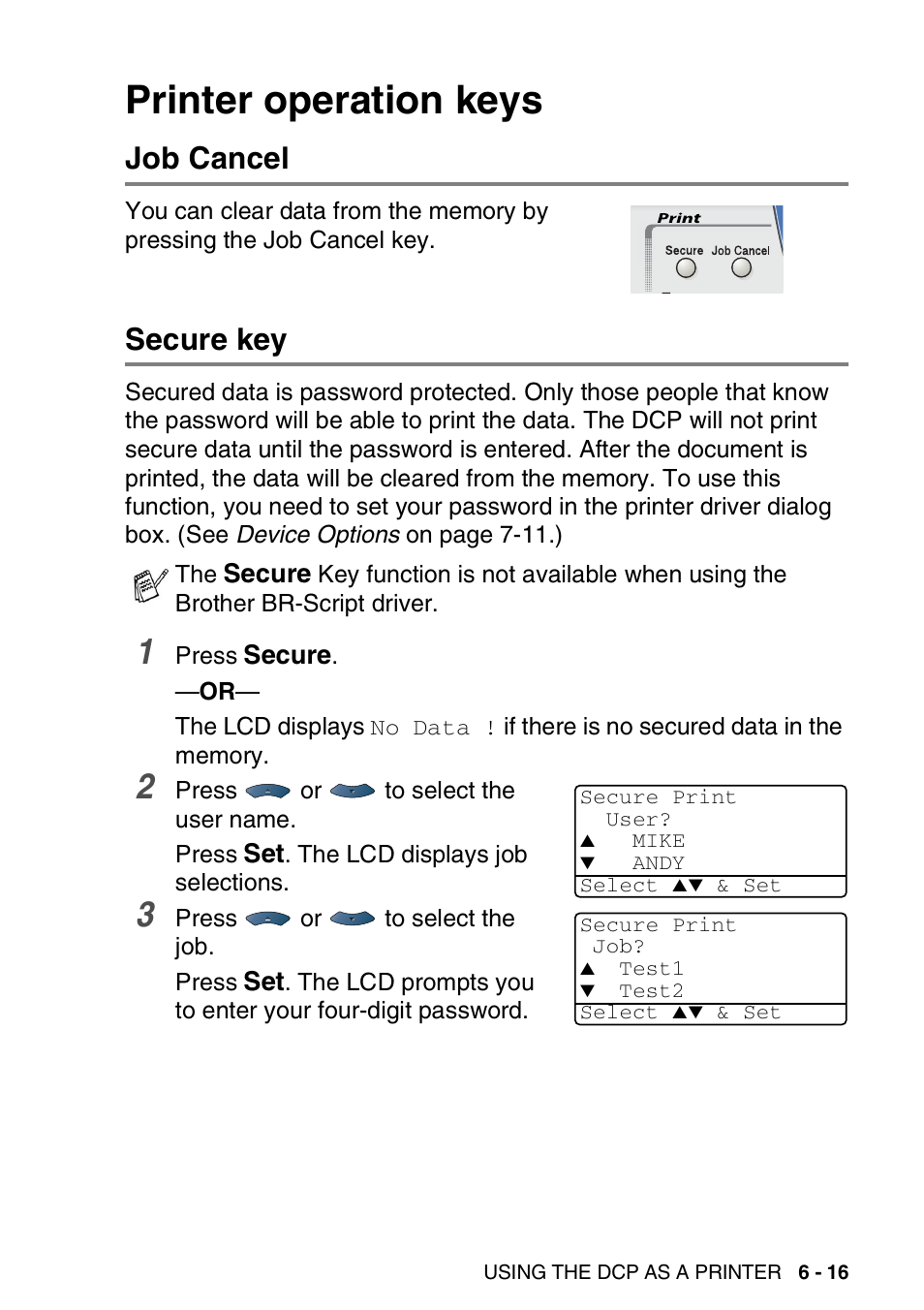 Printer operation keys, Job cancel, Secure key | Printer operation keys -16, Job cancel -16 | Brother DCP-8020 User Manual | Page 93 / 282