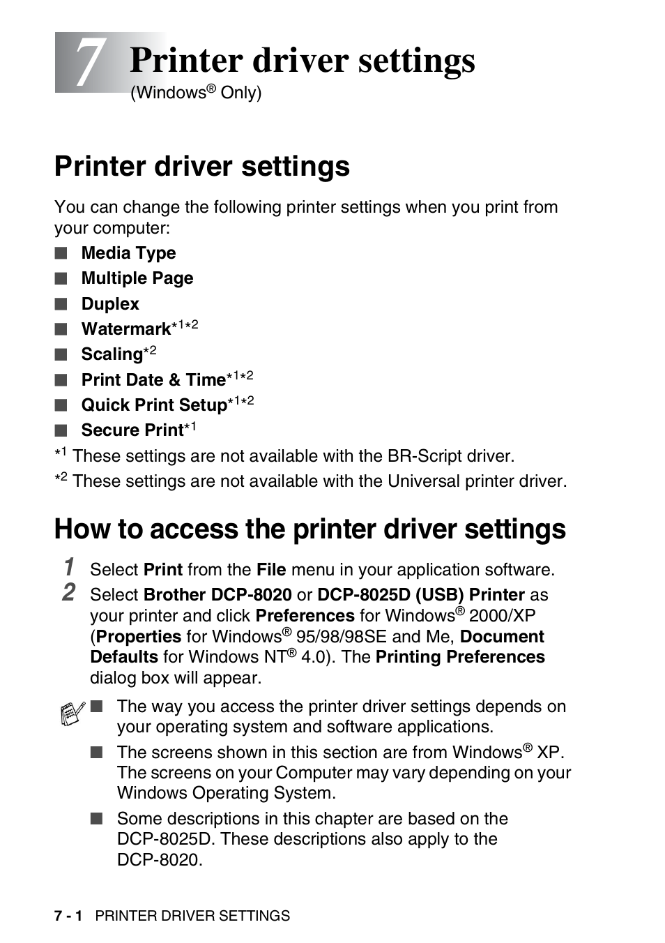 7 printer driver settings, Printer driver settings, How to access the printer driver settings | Printer driver settings -1 | Brother DCP-8020 User Manual | Page 96 / 282