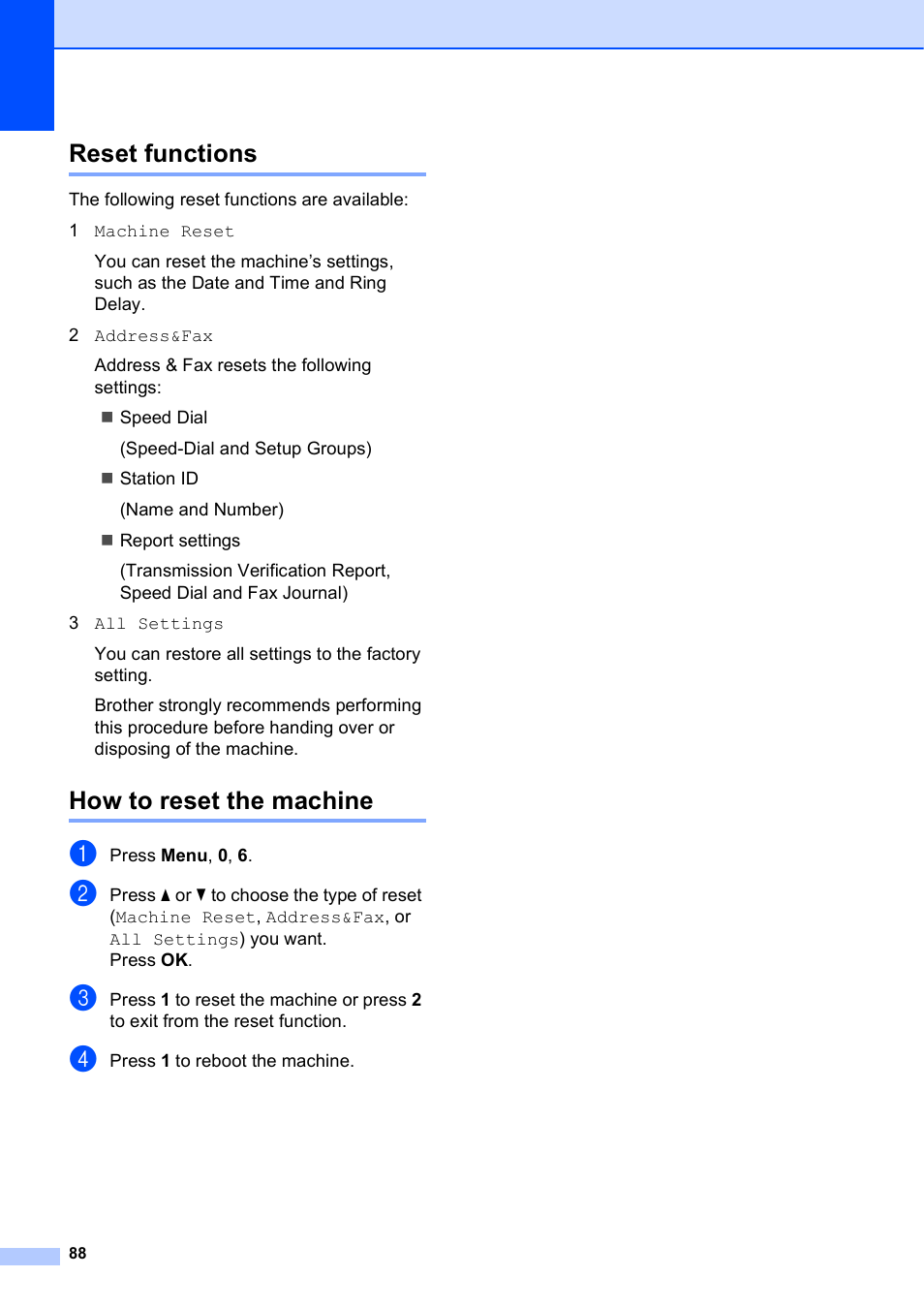 Reset functions, How to reset the machine, Reset functions how to reset the machine | Brother MFC-J245 User Manual | Page 100 / 131