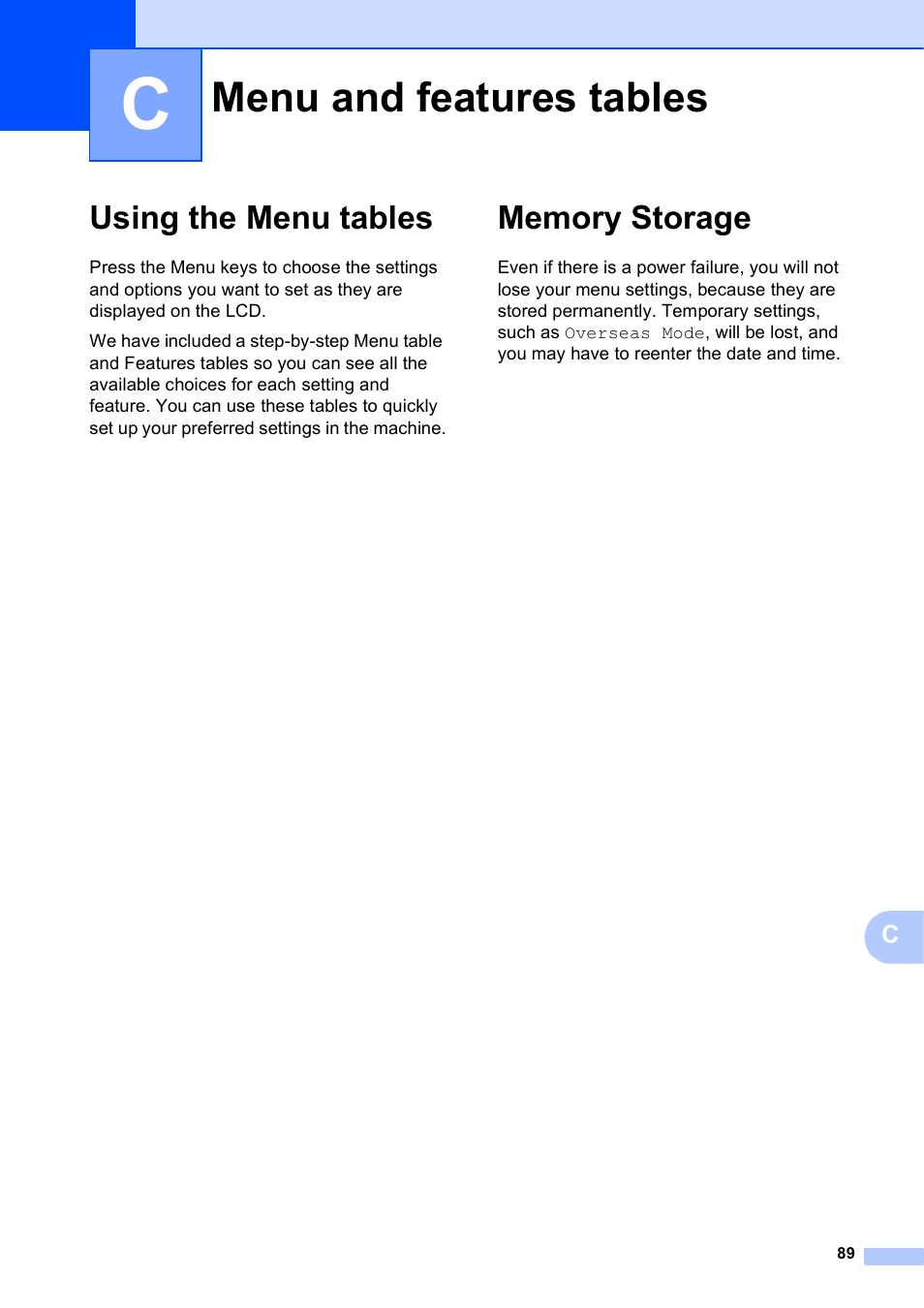 C menu and features tables, Using the menu tables, Memory storage | Menu and features tables, Using the menu tables memory storage | Brother MFC-J245 User Manual | Page 101 / 131