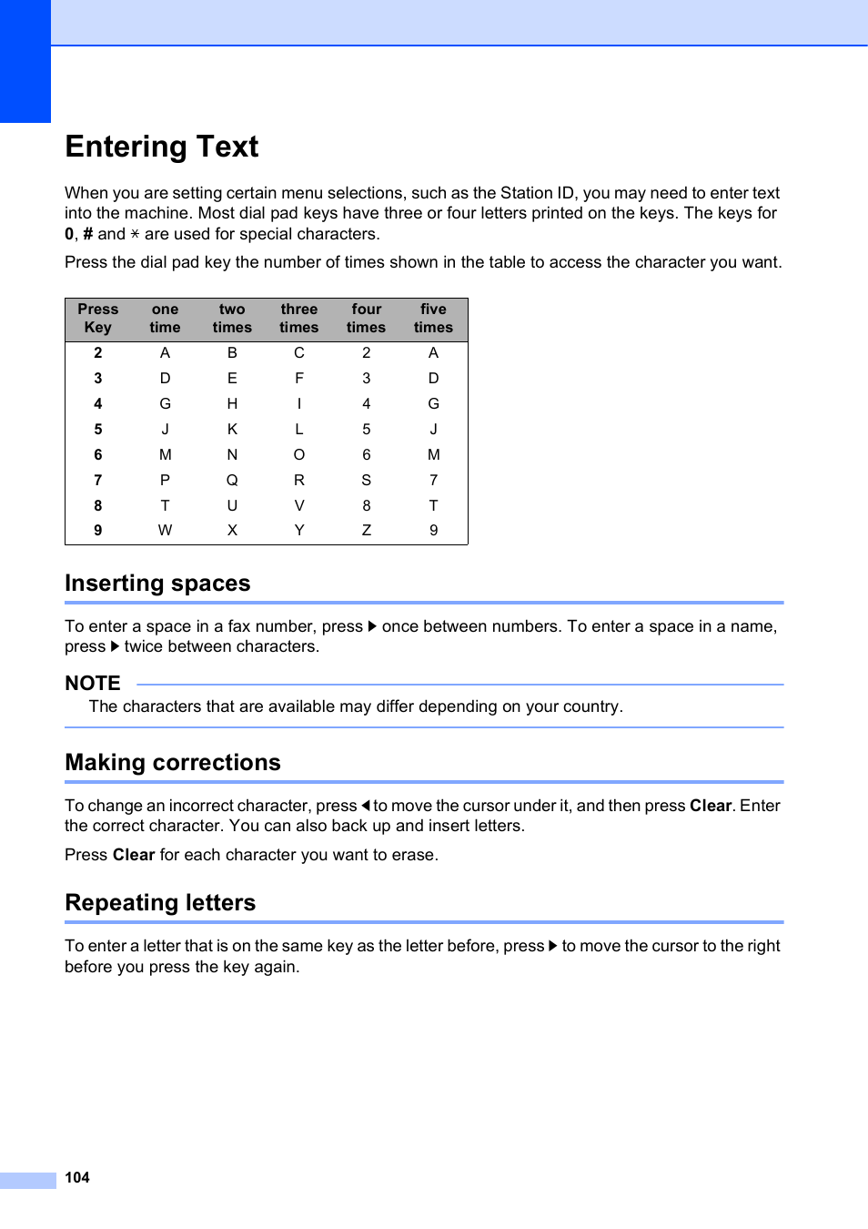 Entering text, Inserting spaces, Making corrections | Repeating letters | Brother MFC-J245 User Manual | Page 116 / 131