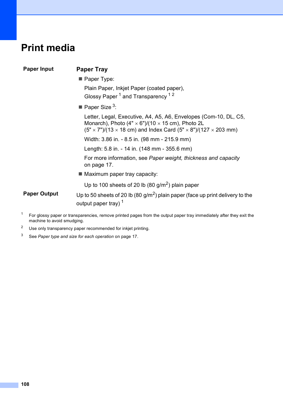 Print media, Paper tray | Brother MFC-J245 User Manual | Page 120 / 131