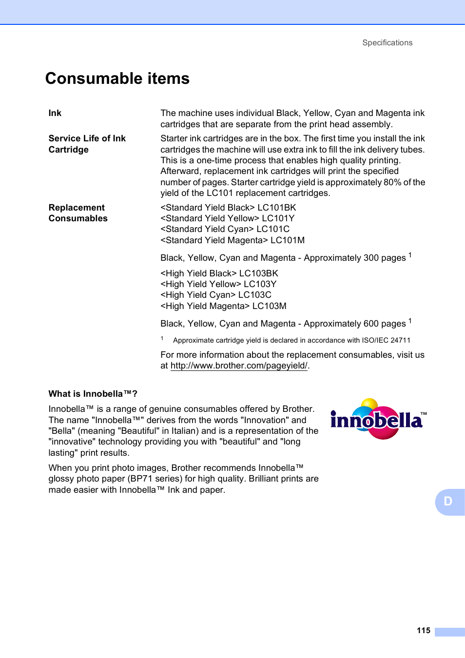 Consumable items | Brother MFC-J245 User Manual | Page 127 / 131