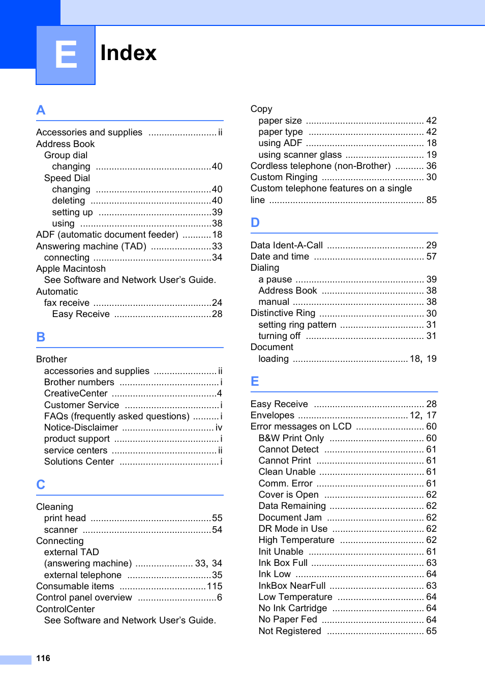 Index | Brother MFC-J245 User Manual | Page 128 / 131