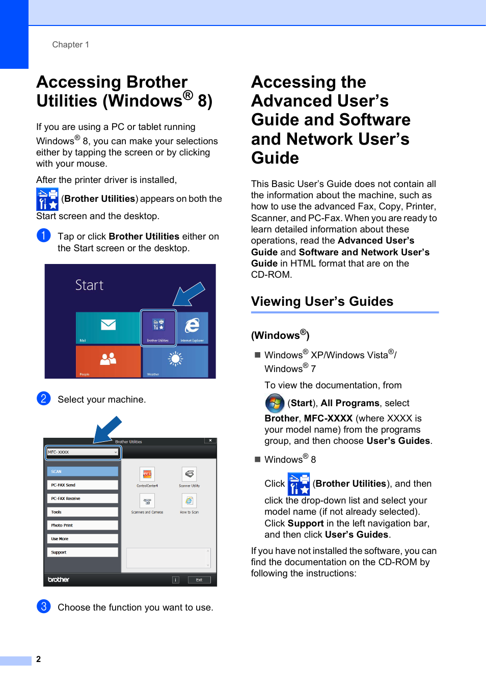 Accessing brother utilities (windows® 8), Viewing user’s guides, Windows®) | Accessing brother utilities (windows | Brother MFC-J245 User Manual | Page 14 / 131