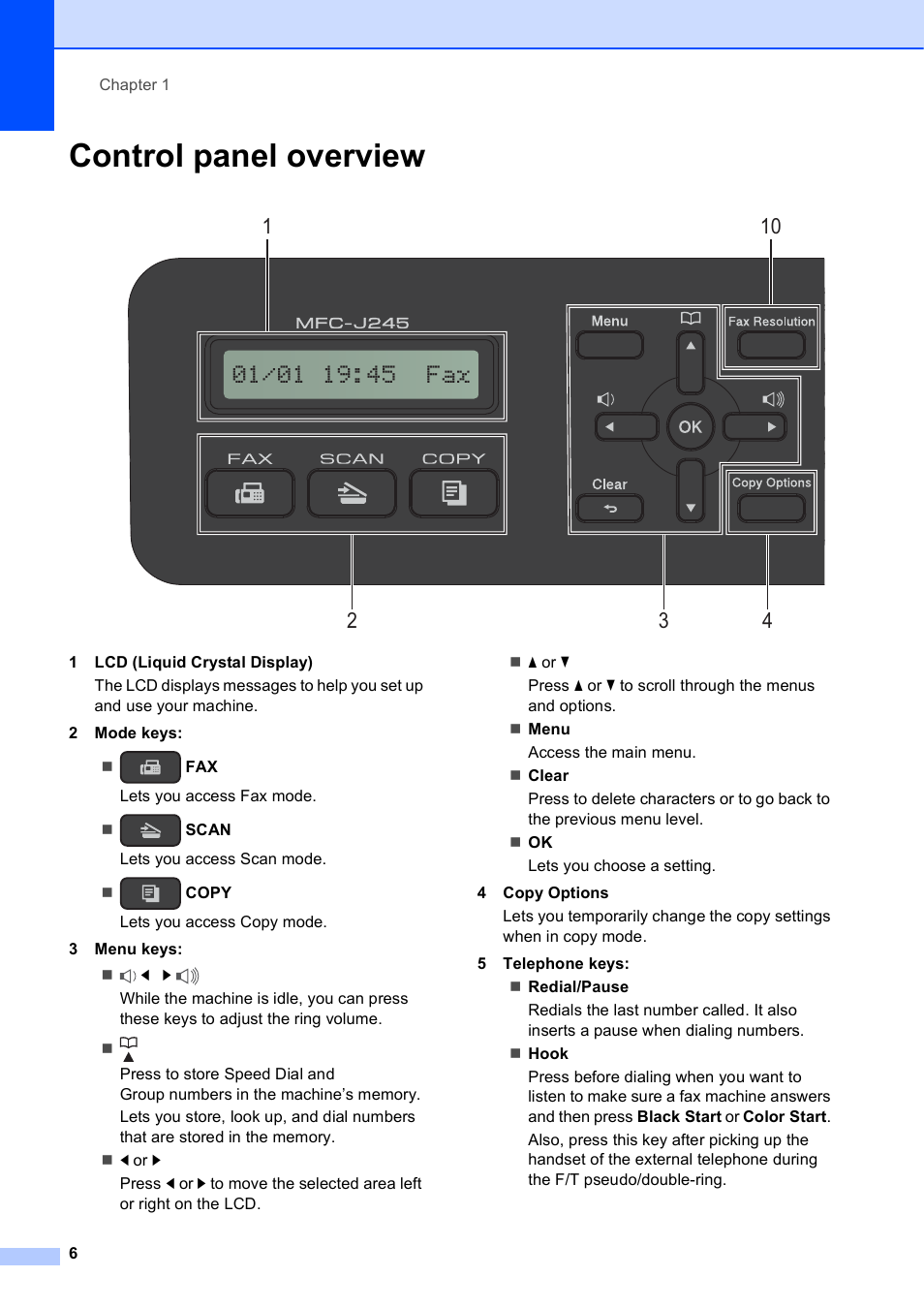 Control panel overview | Brother MFC-J245 User Manual | Page 18 / 131