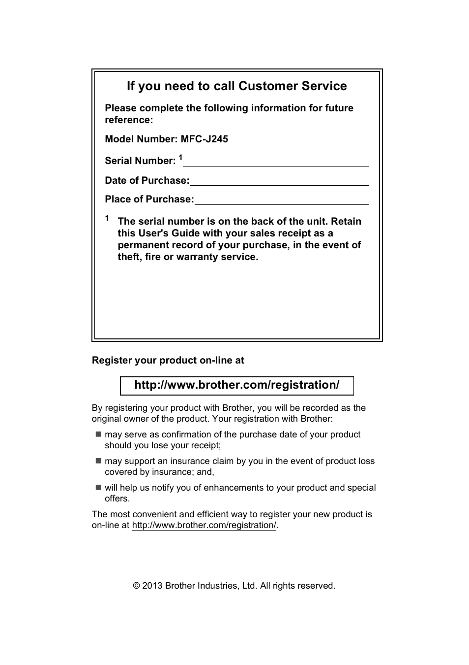 If you need to call customer service | Brother MFC-J245 User Manual | Page 2 / 131