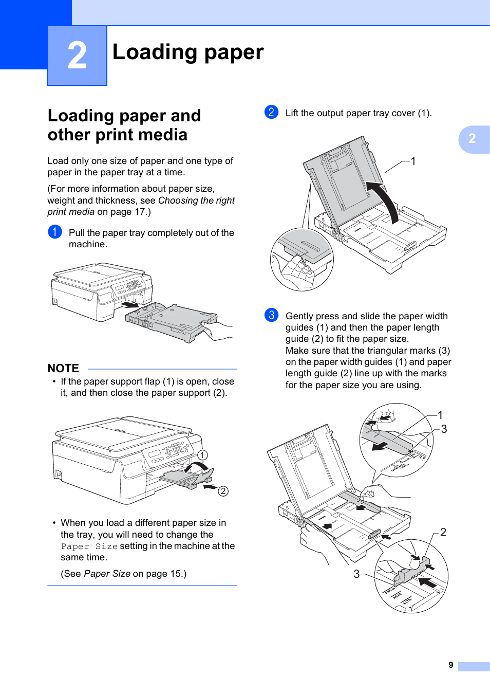 2 loading paper, Loading paper and other print media, Loading paper | Brother MFC-J245 User Manual | Page 21 / 131