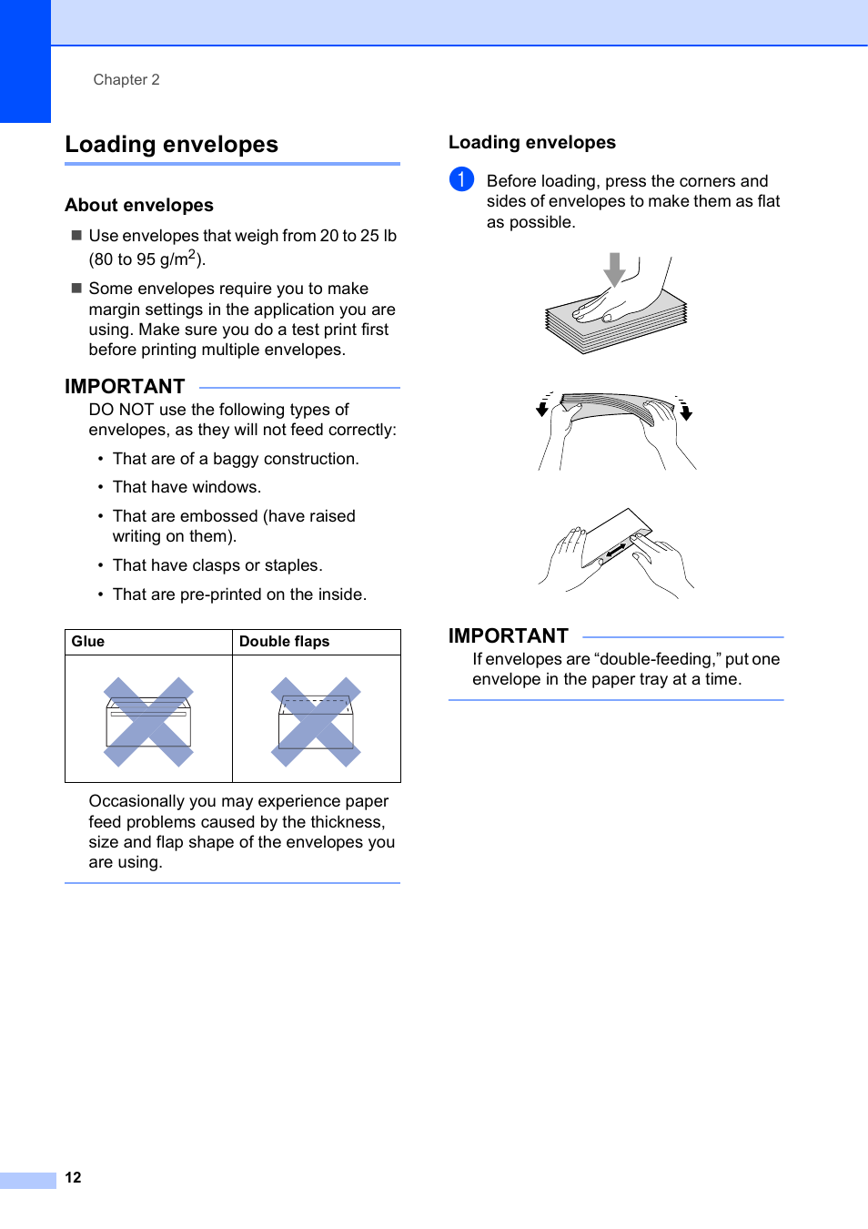 Loading envelopes, About envelopes, Important | Brother MFC-J245 User Manual | Page 24 / 131