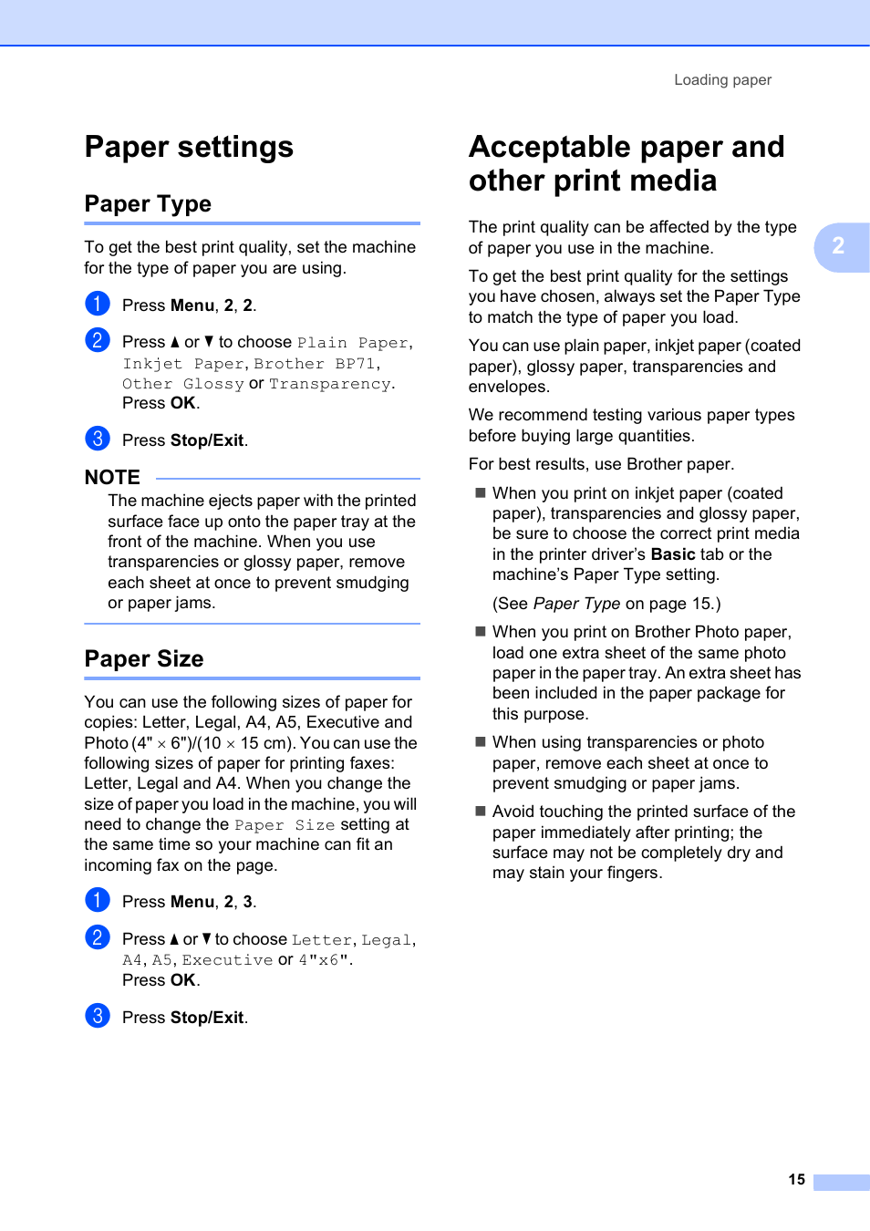 Paper settings, Paper type, Paper size | Acceptable paper and other print media, Paper type paper size | Brother MFC-J245 User Manual | Page 27 / 131