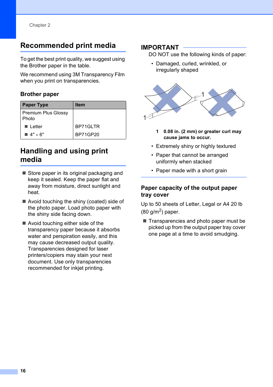 Recommended print media, Handling and using print media, Paper capacity of the output paper tray cover | Important, Brother paper | Brother MFC-J245 User Manual | Page 28 / 131