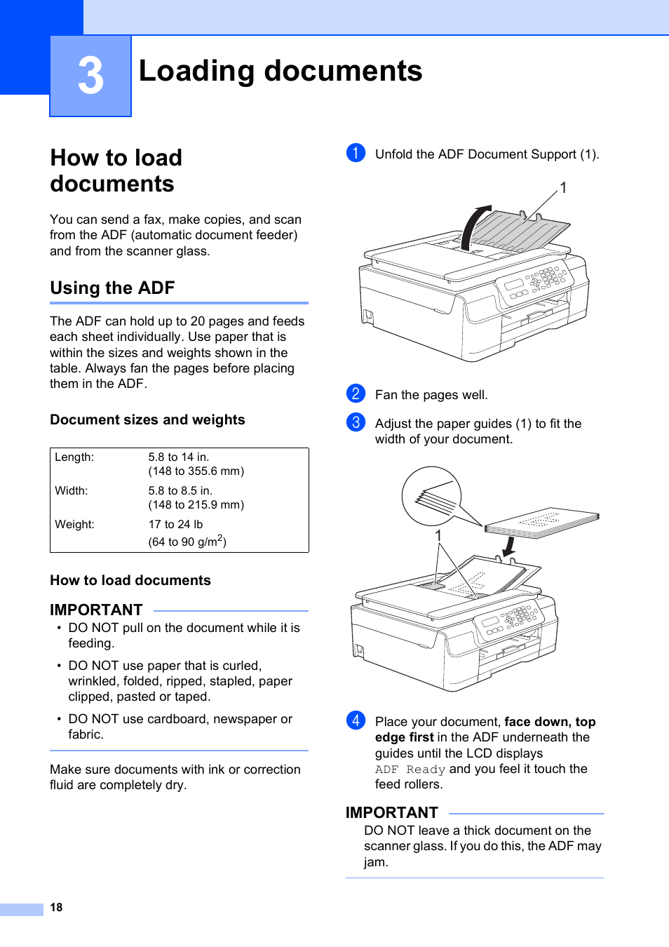 3 loading documents, How to load documents, Using the adf | Document sizes and weights, Loading documents, Important | Brother MFC-J245 User Manual | Page 30 / 131