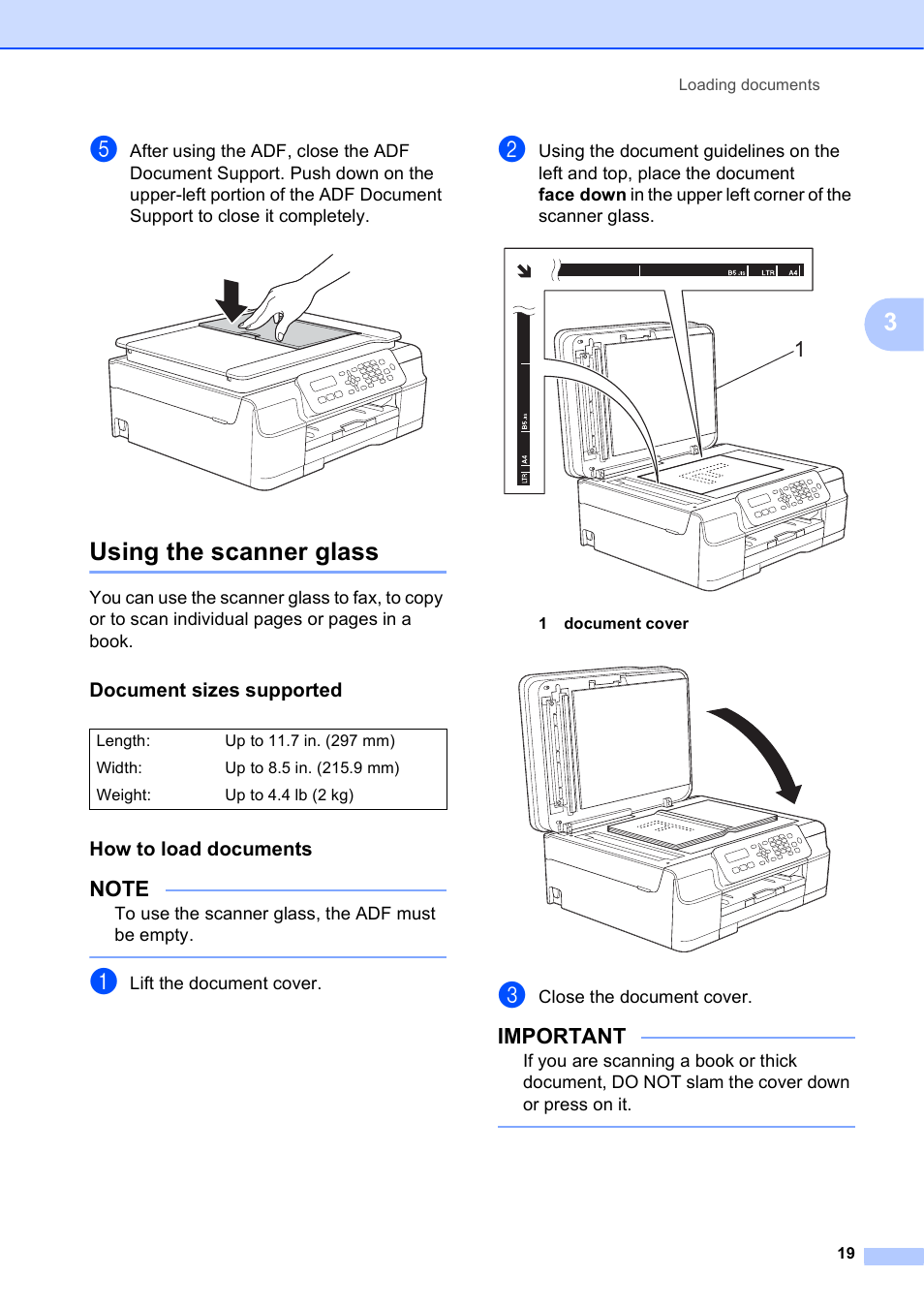 Using the scanner glass, Document sizes supported, How to load documents | Important | Brother MFC-J245 User Manual | Page 31 / 131