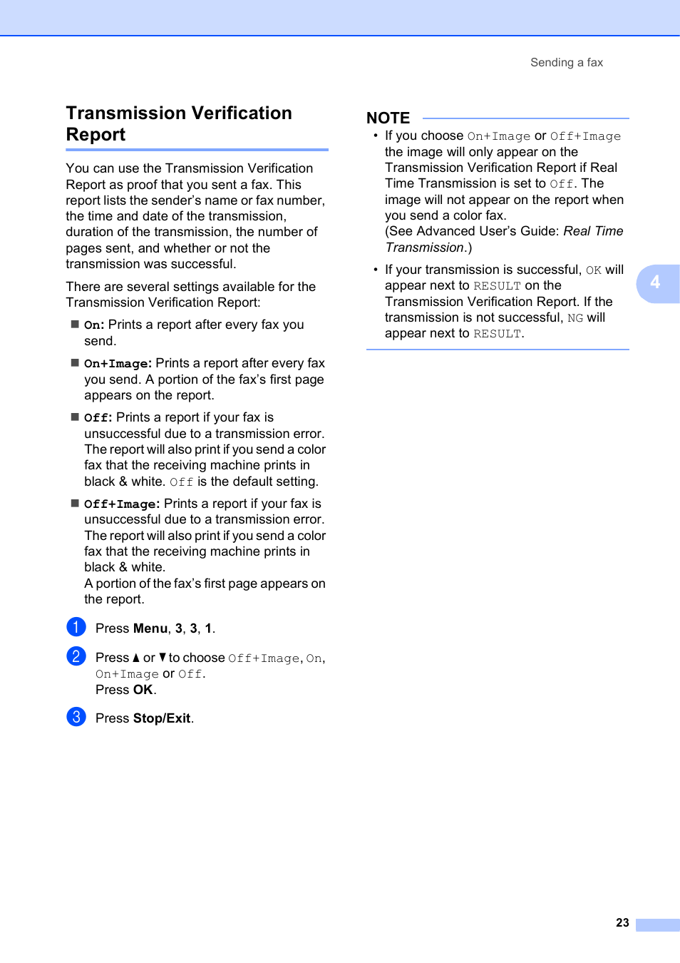 Transmission verification report, O 23, 4transmission verification report | Brother MFC-J245 User Manual | Page 35 / 131