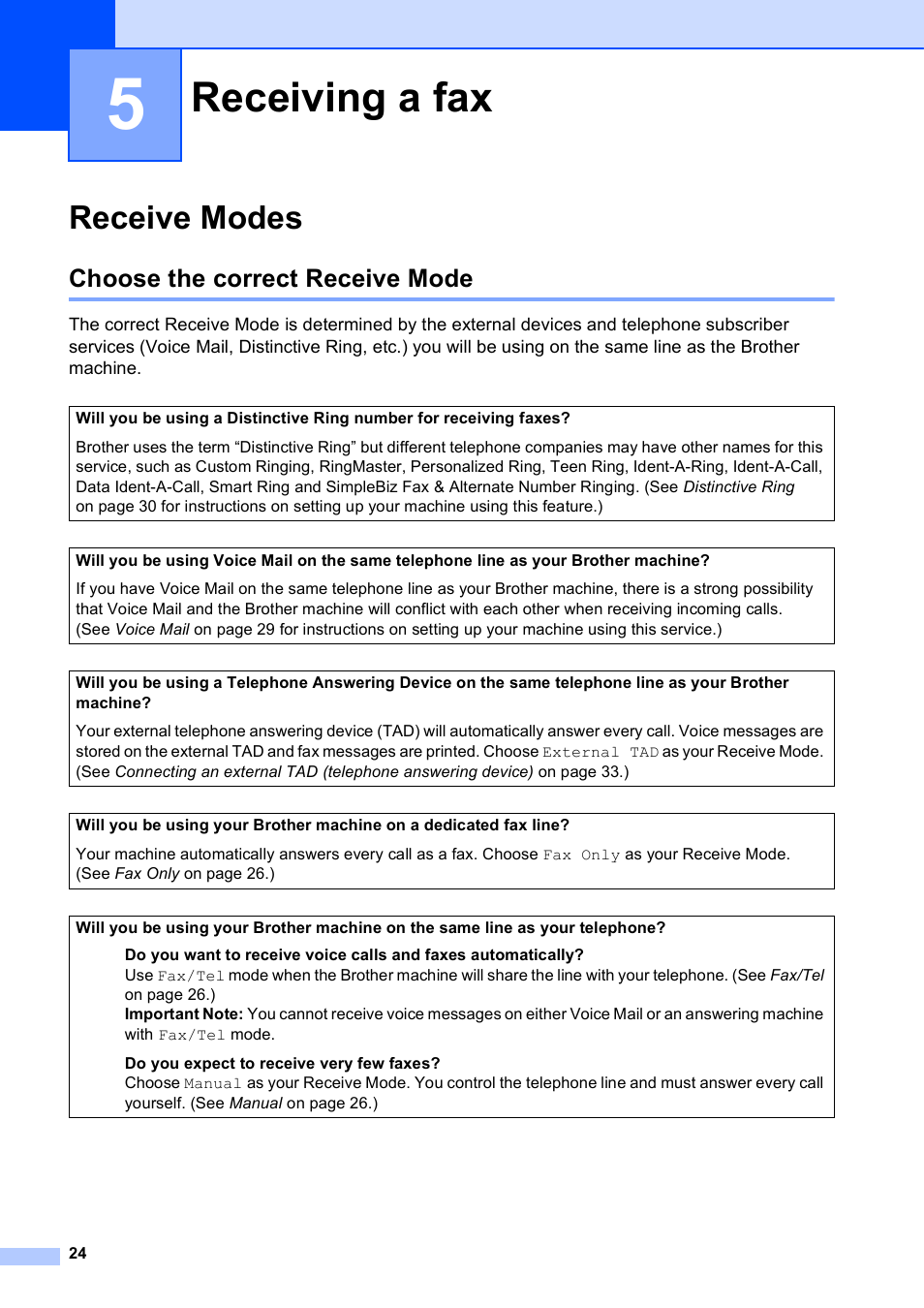 5 receiving a fax, Receive modes, Choose the correct receive mode | Receiving a fax | Brother MFC-J245 User Manual | Page 36 / 131