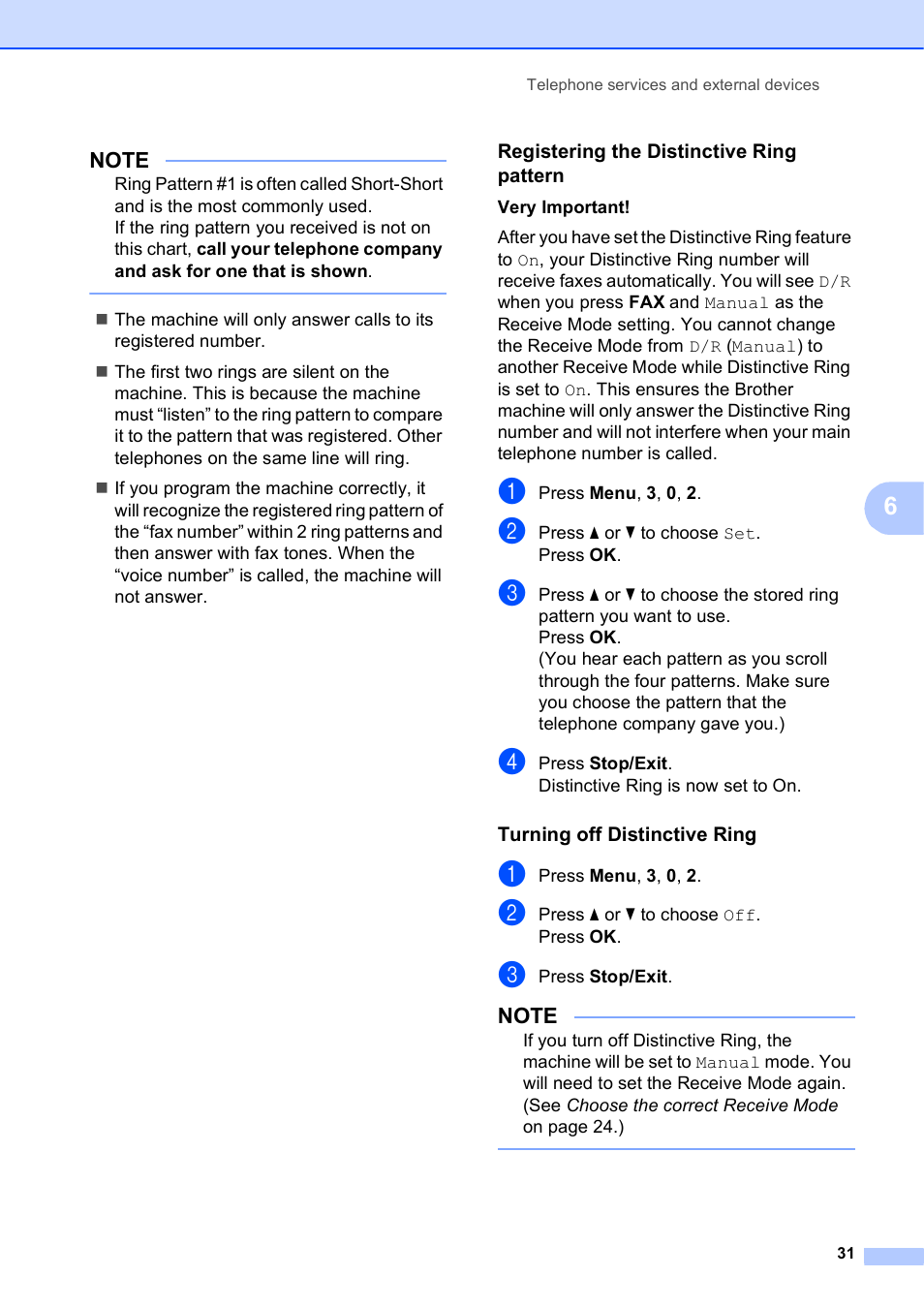 Registering the distinctive ring pattern, Turning off distinctive ring | Brother MFC-J245 User Manual | Page 43 / 131