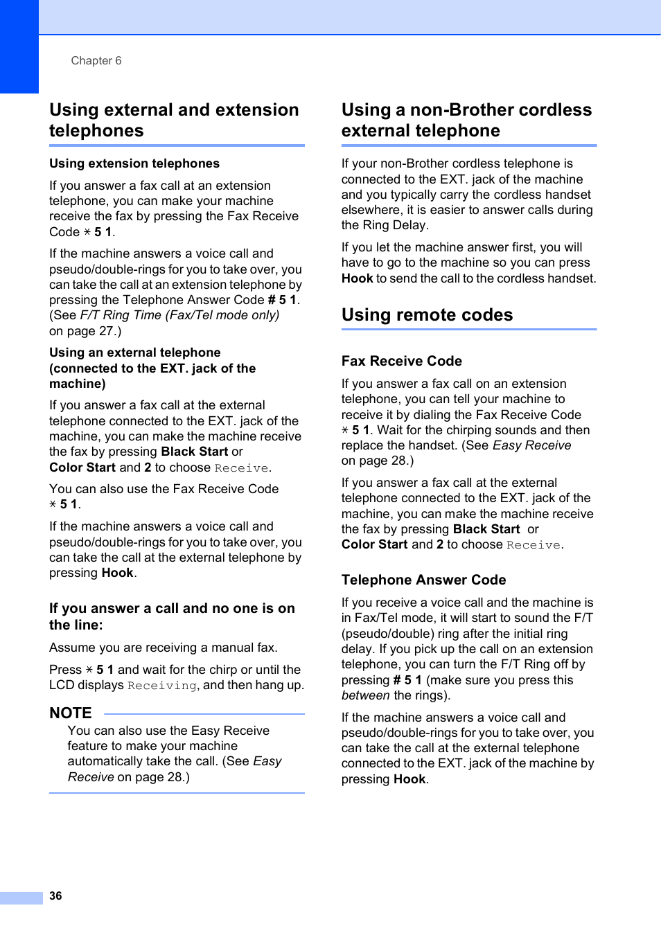 Using external and extension telephones, If you answer a call and no one is on the line, Using a non-brother cordless external telephone | Using remote codes, Fax receive code, Telephone answer code | Brother MFC-J245 User Manual | Page 48 / 131