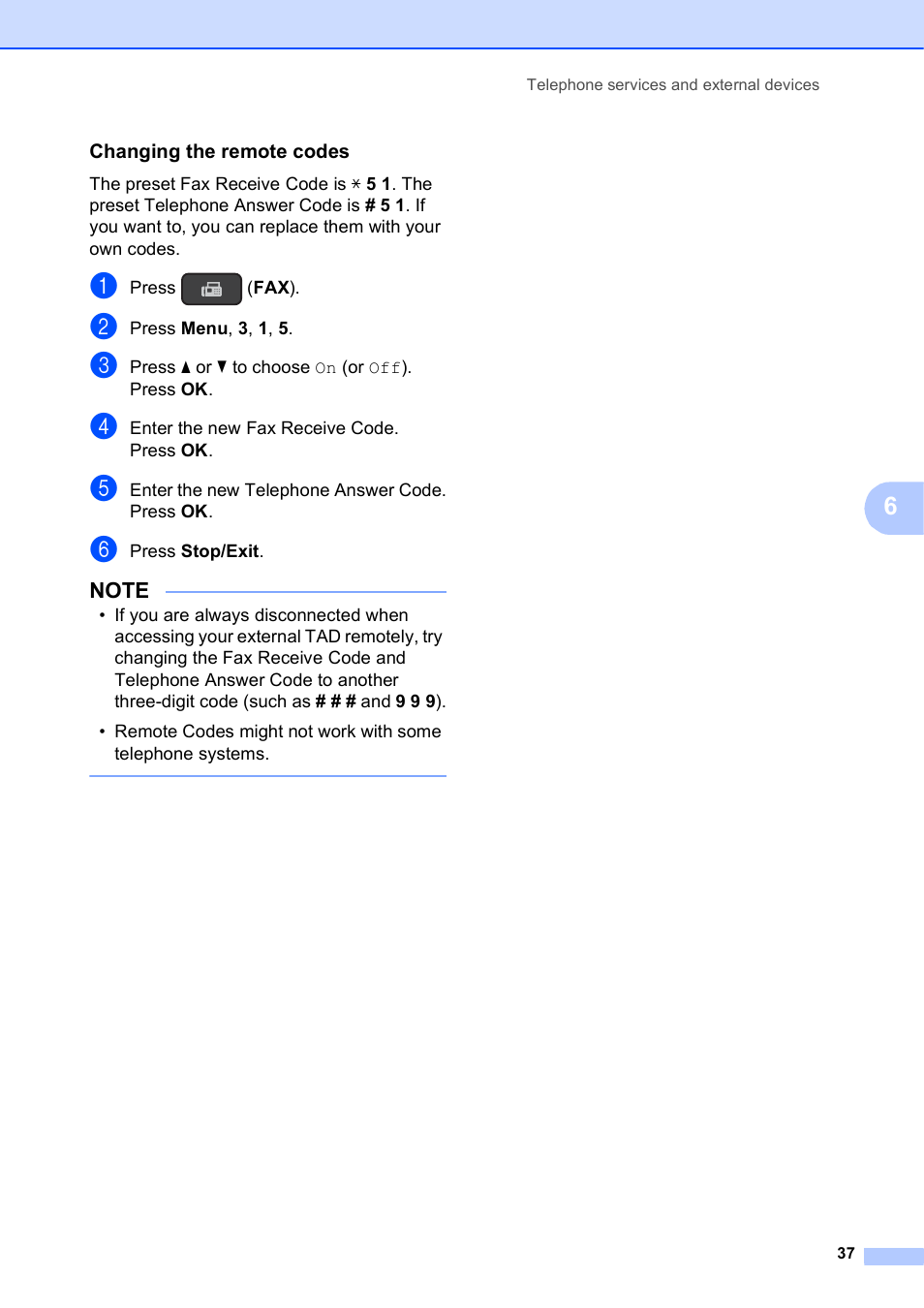 Changing the remote codes | Brother MFC-J245 User Manual | Page 49 / 131