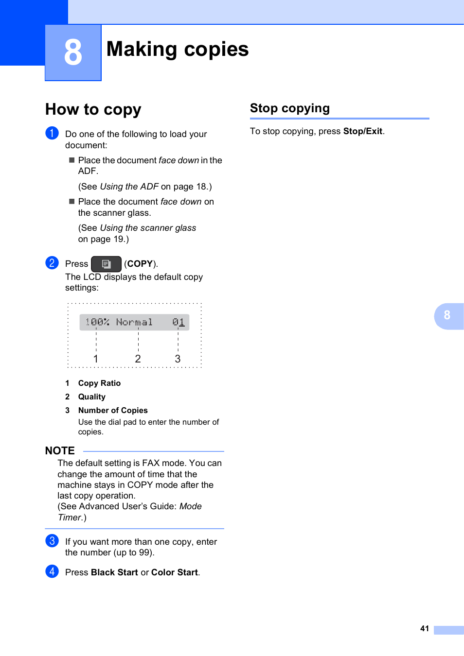 8 making copies, How to copy, Stop copying | Making copies | Brother MFC-J245 User Manual | Page 53 / 131