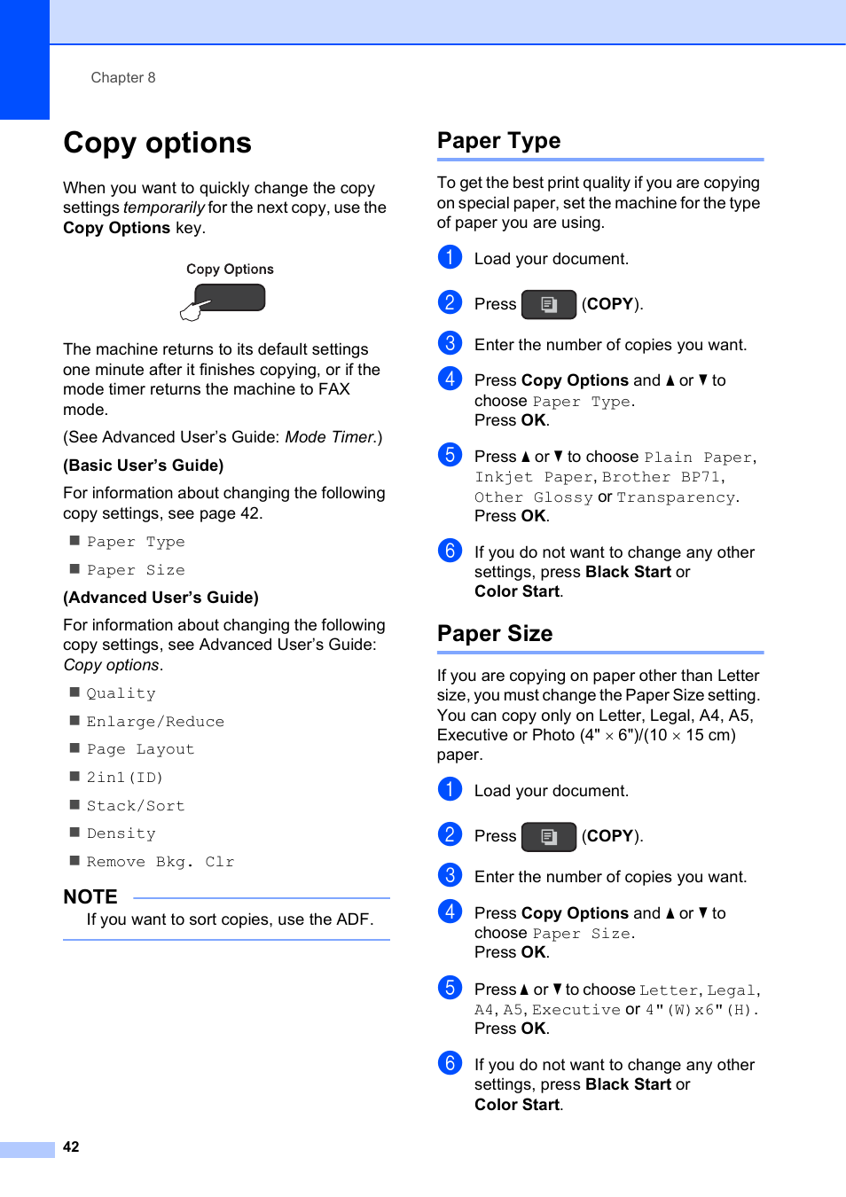 Copy options, Paper type, Paper size | Paper type paper size | Brother MFC-J245 User Manual | Page 54 / 131