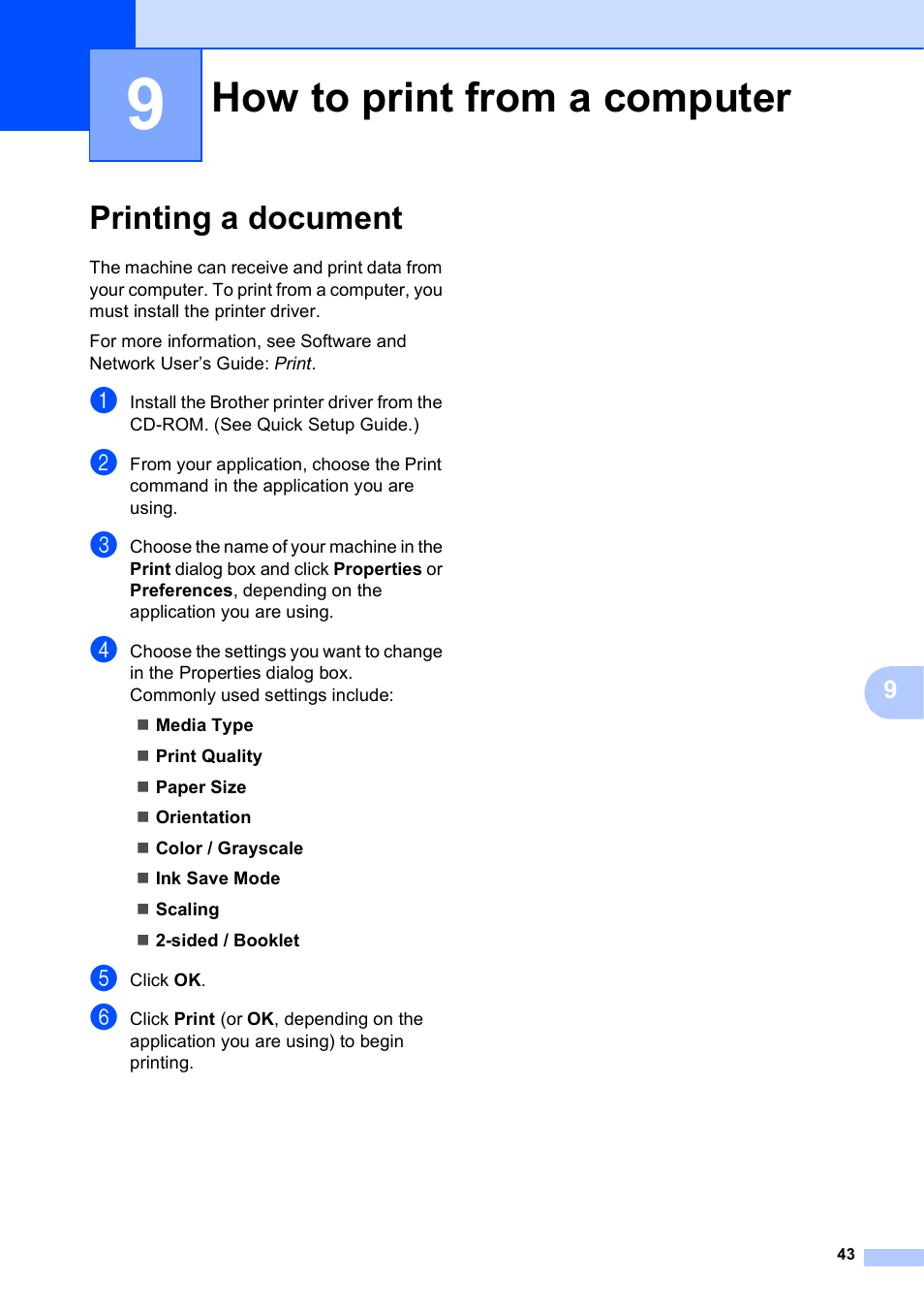 9 how to print from a computer, Printing a document, How to print from a computer | Brother MFC-J245 User Manual | Page 55 / 131