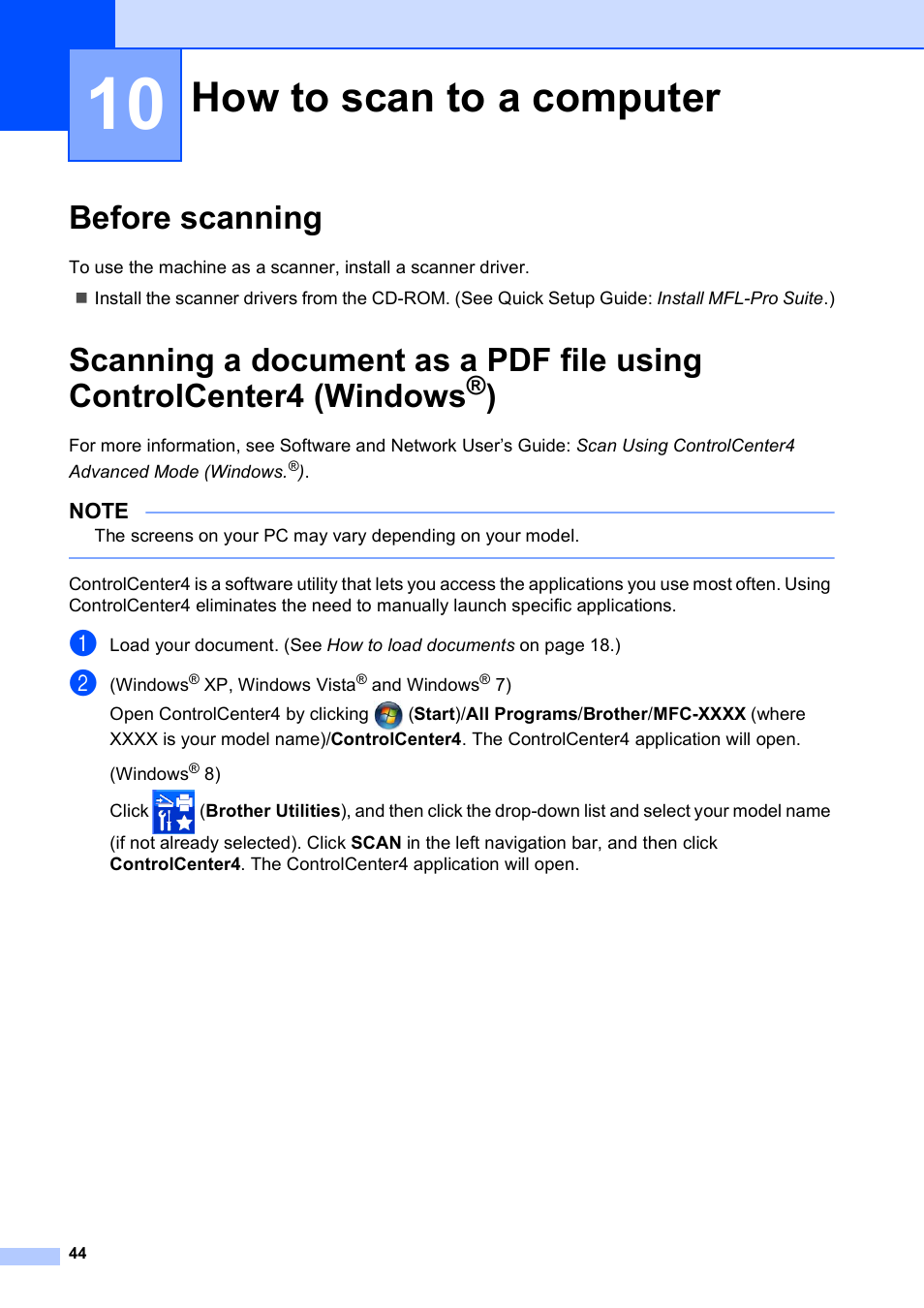 10 how to scan to a computer, Before scanning, How to scan to a computer | Brother MFC-J245 User Manual | Page 56 / 131