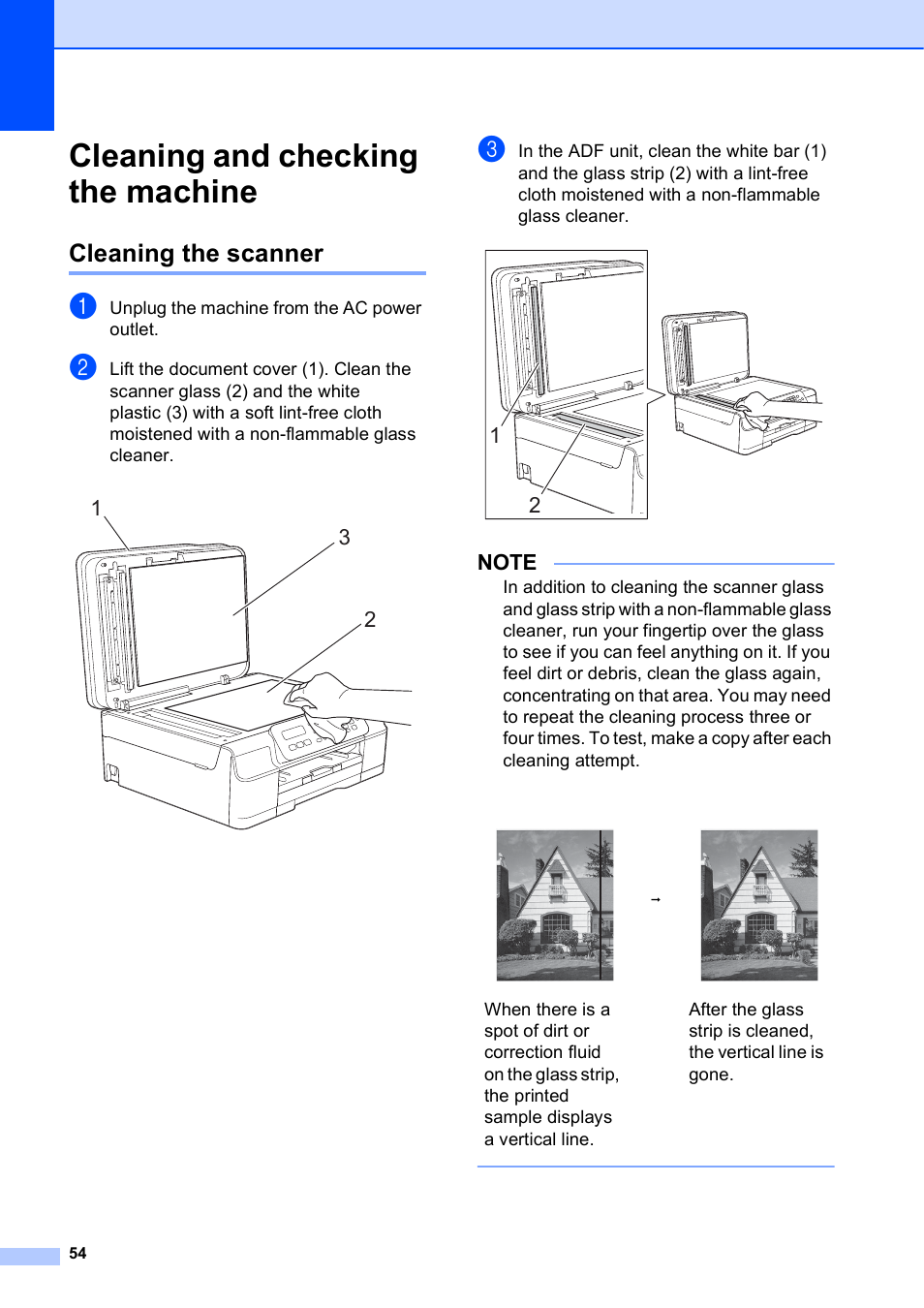 Cleaning and checking the machine, Cleaning the scanner | Brother MFC-J245 User Manual | Page 66 / 131