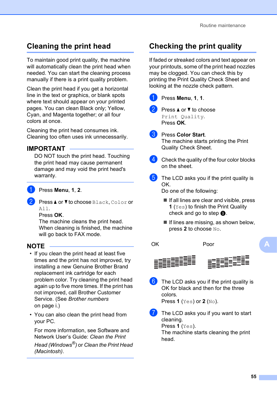 Cleaning the print head, Checking the print quality, Cleaning the print head checking the print quality | Acleaning the print head | Brother MFC-J245 User Manual | Page 67 / 131