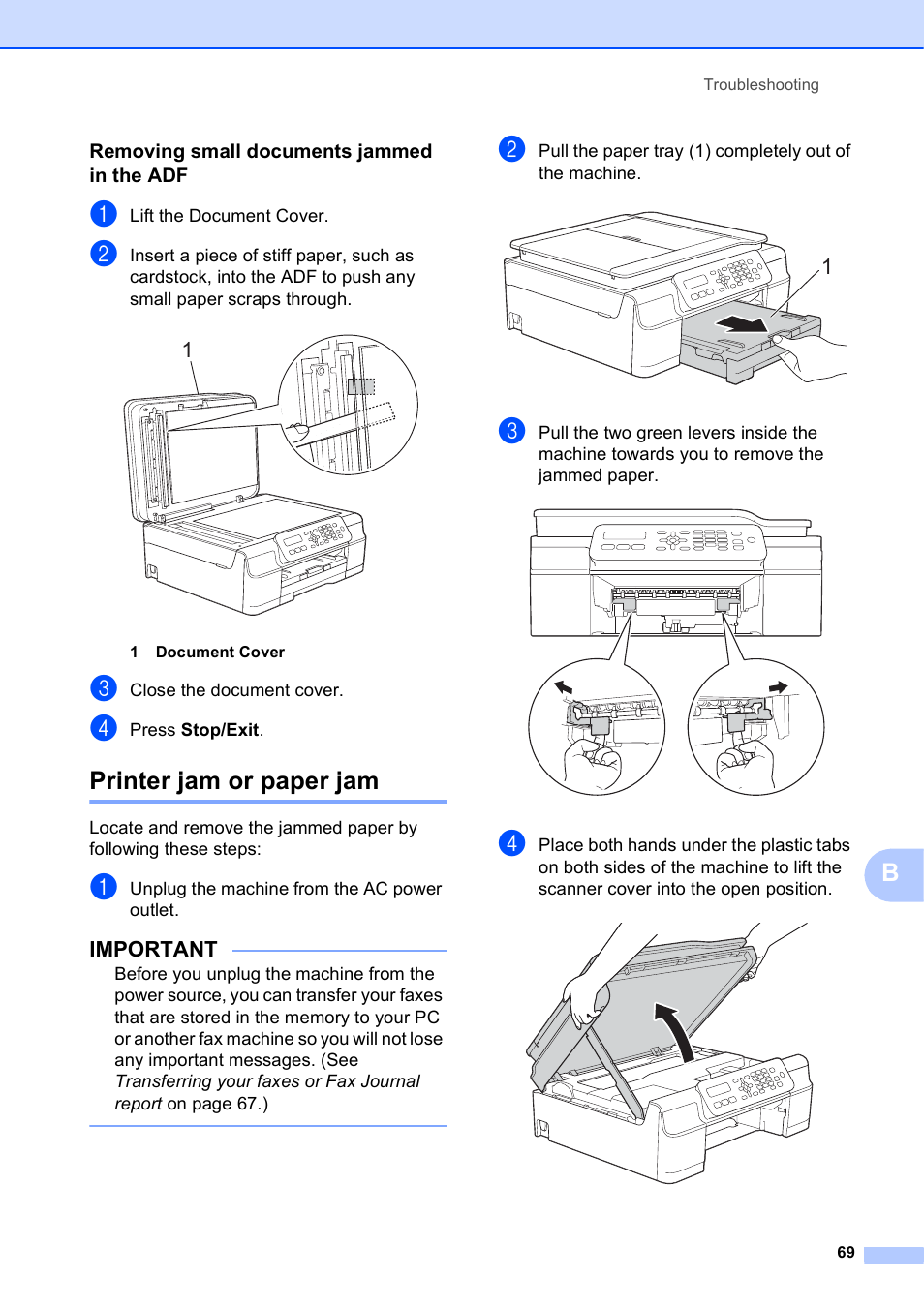 Removing small documents jammed in the adf, Printer jam or paper jam, Important | Brother MFC-J245 User Manual | Page 81 / 131