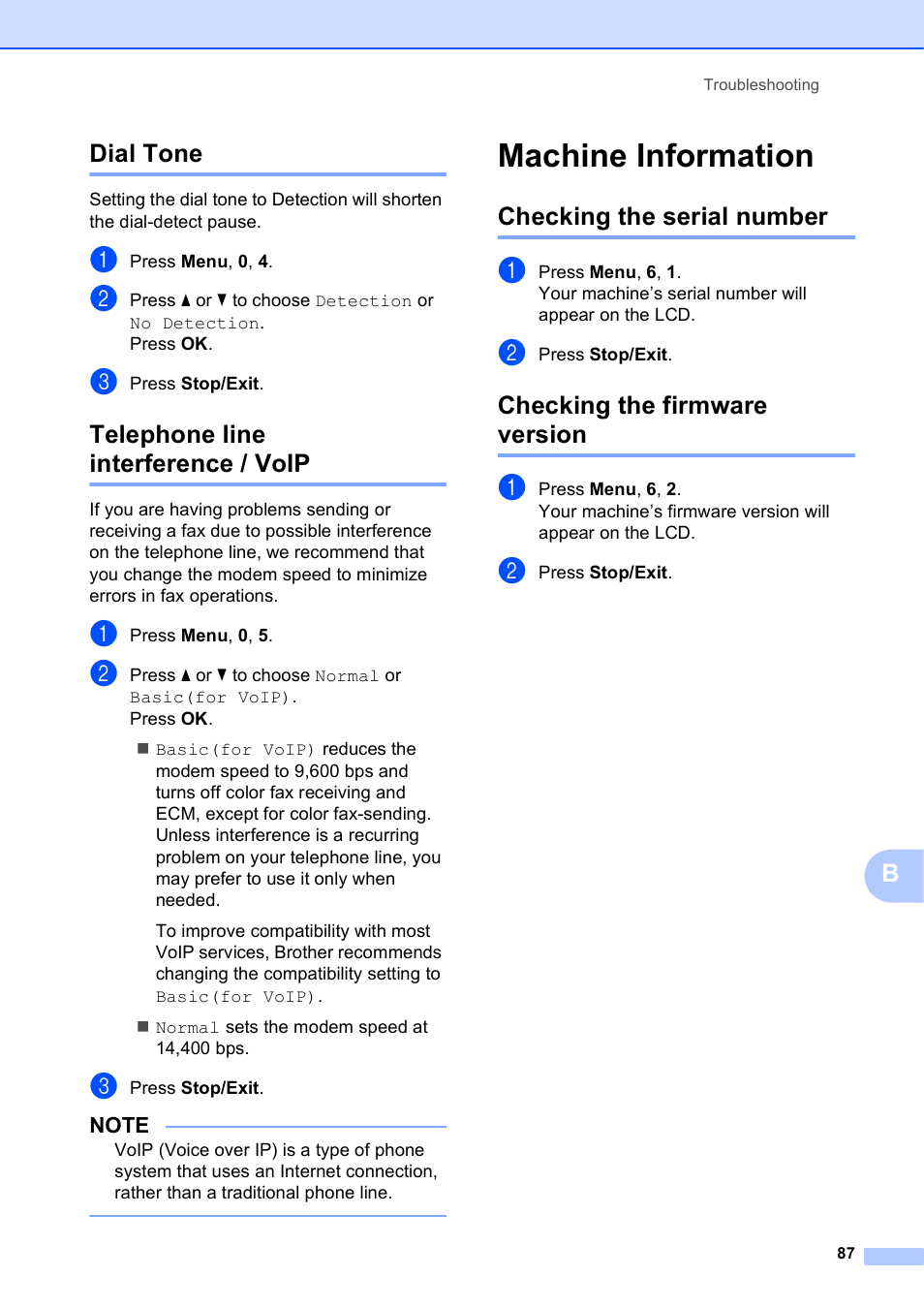 Dial tone, Telephone line interference / voip, Machine information | Checking the serial number, Checking the firmware version, Dial tone telephone line interference / voip, Bdial tone | Brother MFC-J245 User Manual | Page 99 / 131