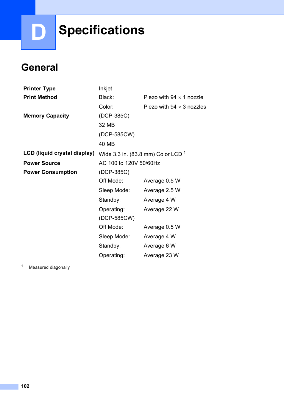 D specifications, General, Specifications | Brother DCP-585CW User Manual | Page 114 / 132