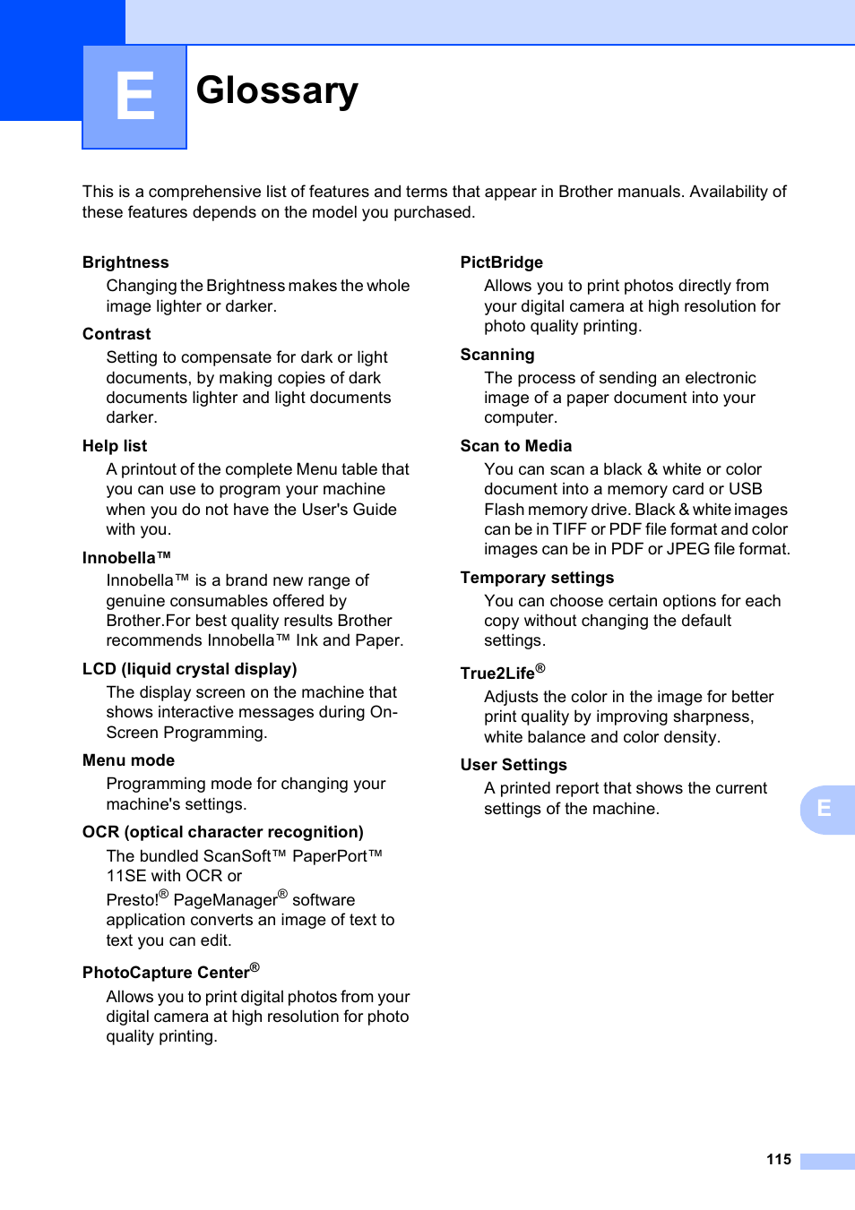 E glossary, Glossary | Brother DCP-585CW User Manual | Page 127 / 132
