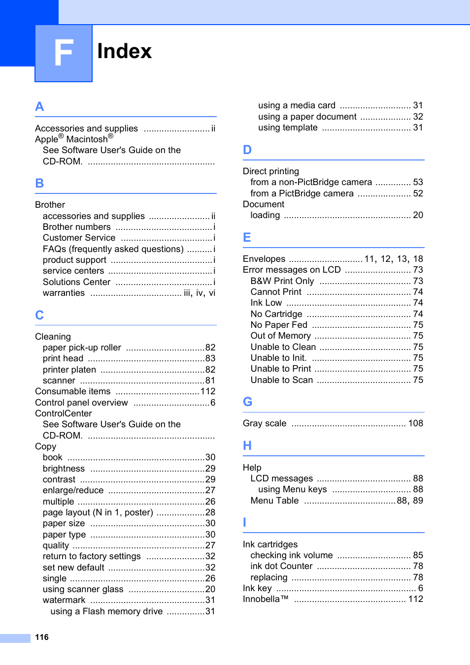 Index | Brother DCP-585CW User Manual | Page 128 / 132