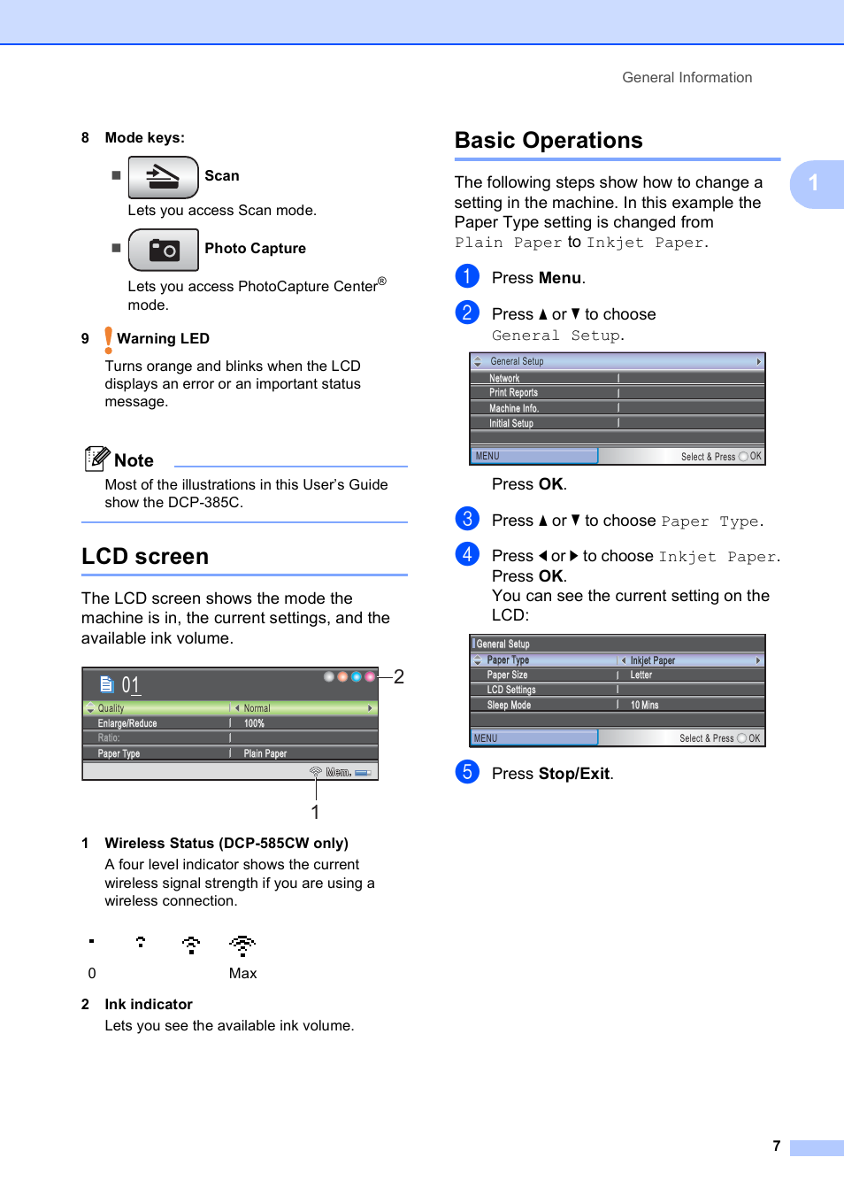 Lcd screen, Basic operations, Lcd screen basic operations | Brother DCP-585CW User Manual | Page 19 / 132