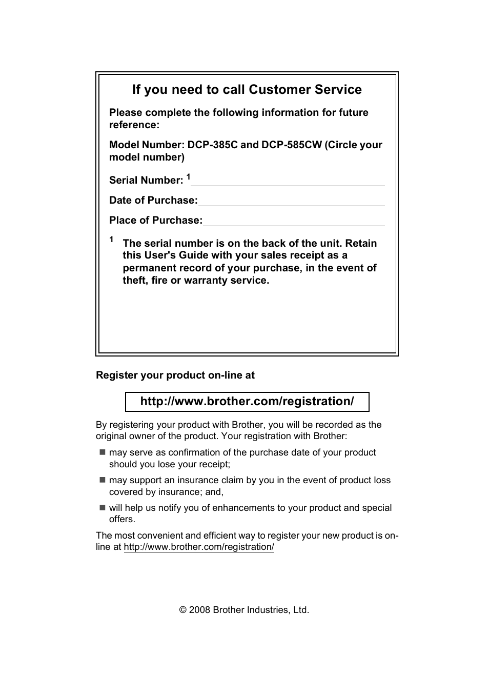 If you need to call customer service | Brother DCP-585CW User Manual | Page 2 / 132