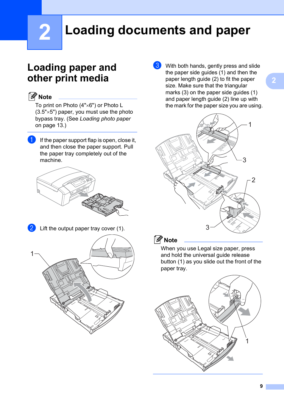 2 loading documents and paper, Loading paper and other print media, Loading documents and paper | Brother DCP-585CW User Manual | Page 21 / 132