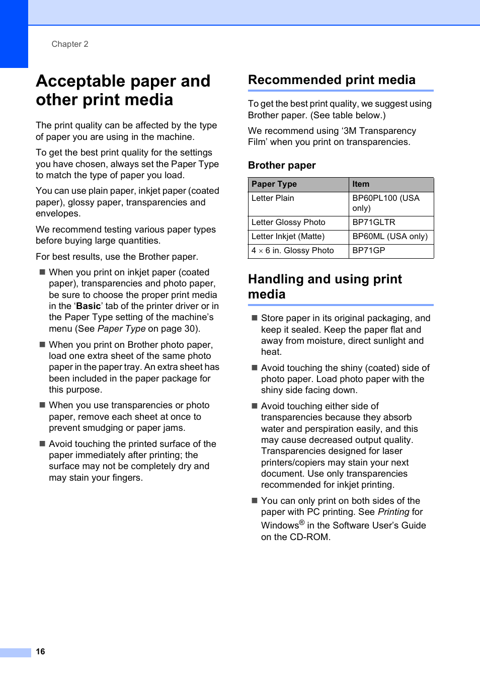 Acceptable paper and other print media, Recommended print media, Handling and using print media | Brother DCP-585CW User Manual | Page 28 / 132