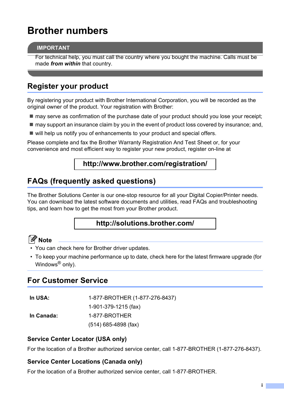 Brother numbers, Register your product, Faqs (frequently asked questions) | For customer service | Brother DCP-585CW User Manual | Page 3 / 132