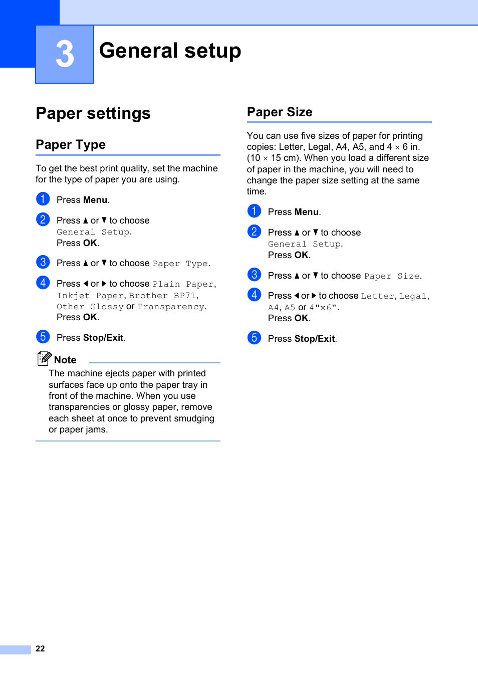 3 general setup, Paper settings, Paper type | Paper size, General setup, Paper type paper size | Brother DCP-585CW User Manual | Page 34 / 132