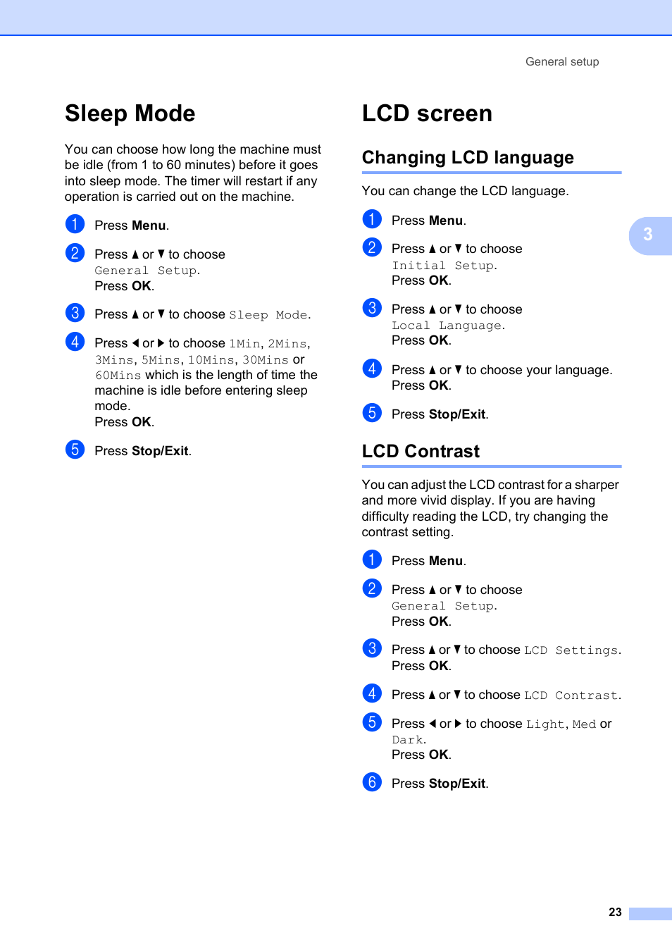 Sleep mode, Lcd screen, Changing lcd language | Lcd contrast, Sleep mode lcd screen, Changing lcd language lcd contrast | Brother DCP-585CW User Manual | Page 35 / 132