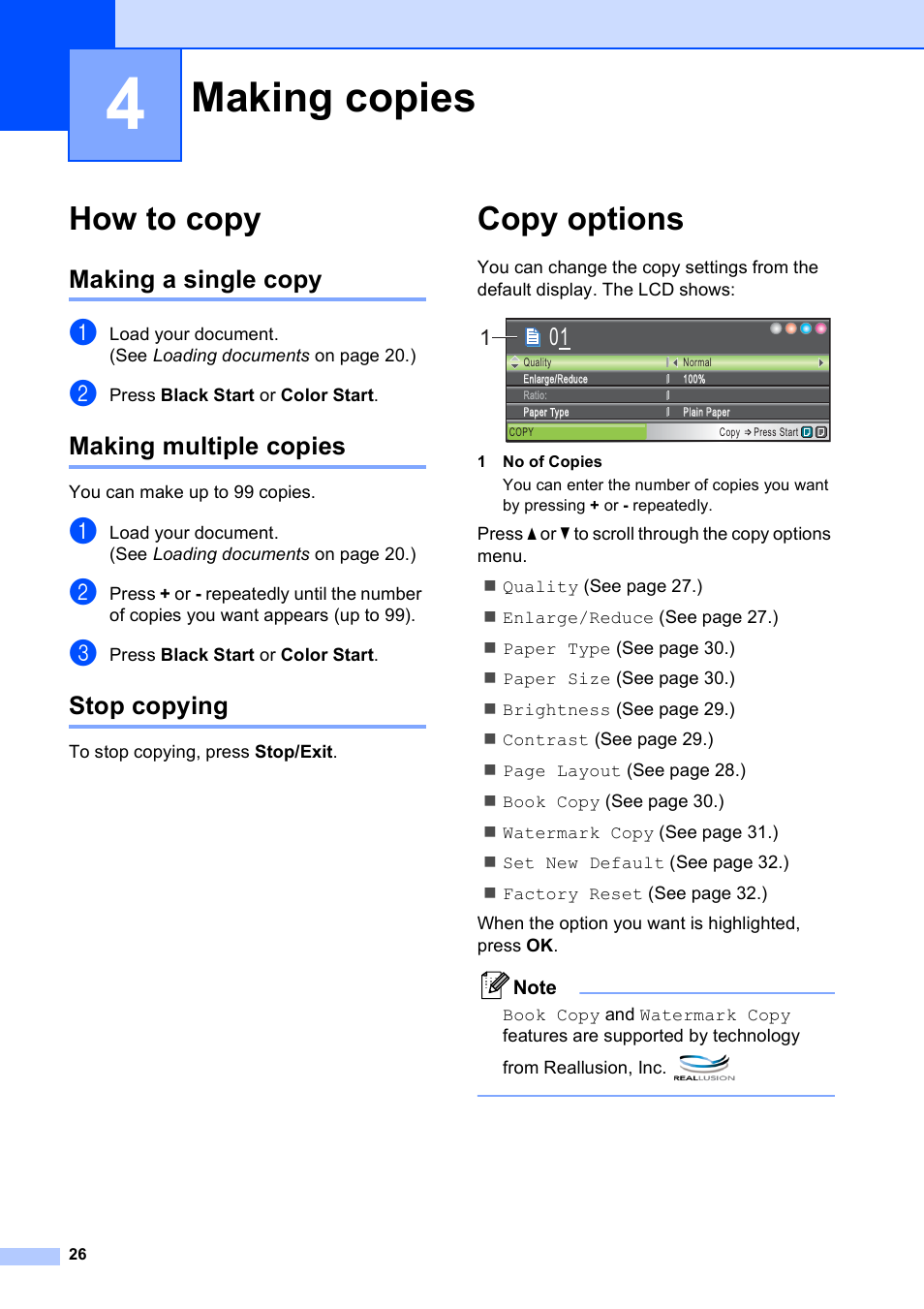 4 making copies, How to copy, Making a single copy | Making multiple copies, Stop copying, Copy options, Making copies | Brother DCP-585CW User Manual | Page 38 / 132