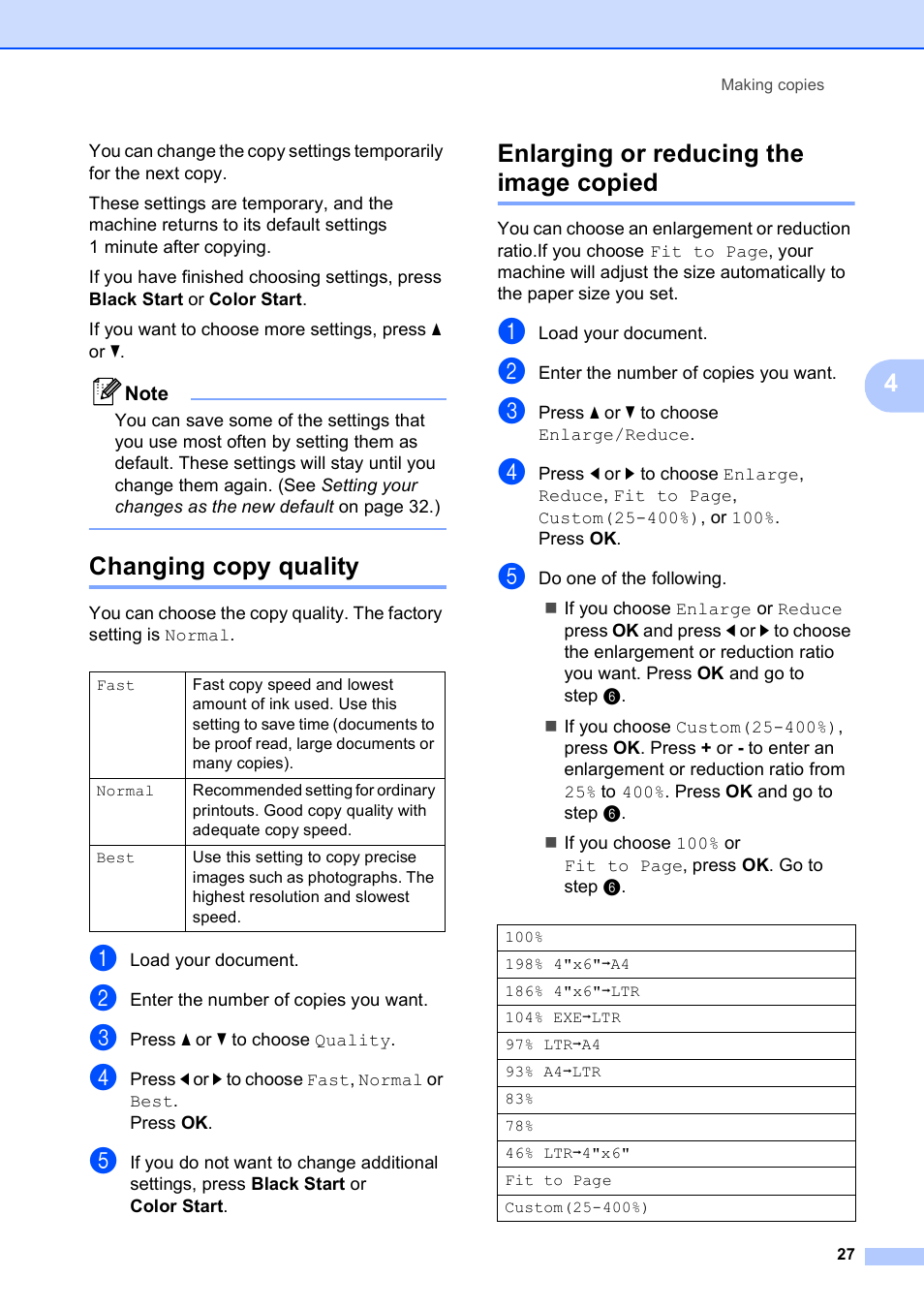 Changing copy quality, Enlarging or reducing the image copied | Brother DCP-585CW User Manual | Page 39 / 132