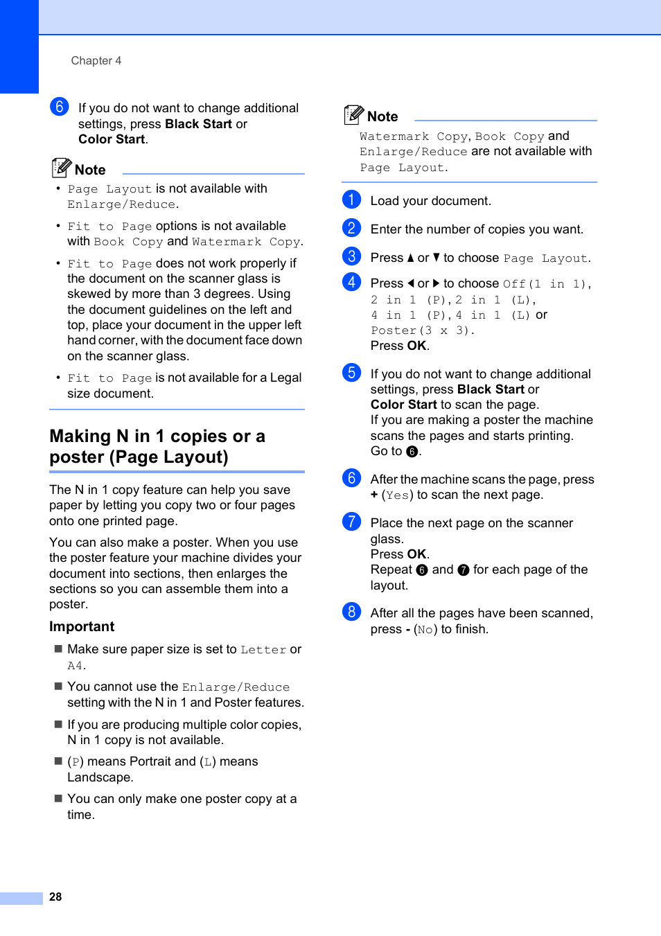 Important, Making n in 1 copies or a poster (page layout) | Brother DCP-585CW User Manual | Page 40 / 132