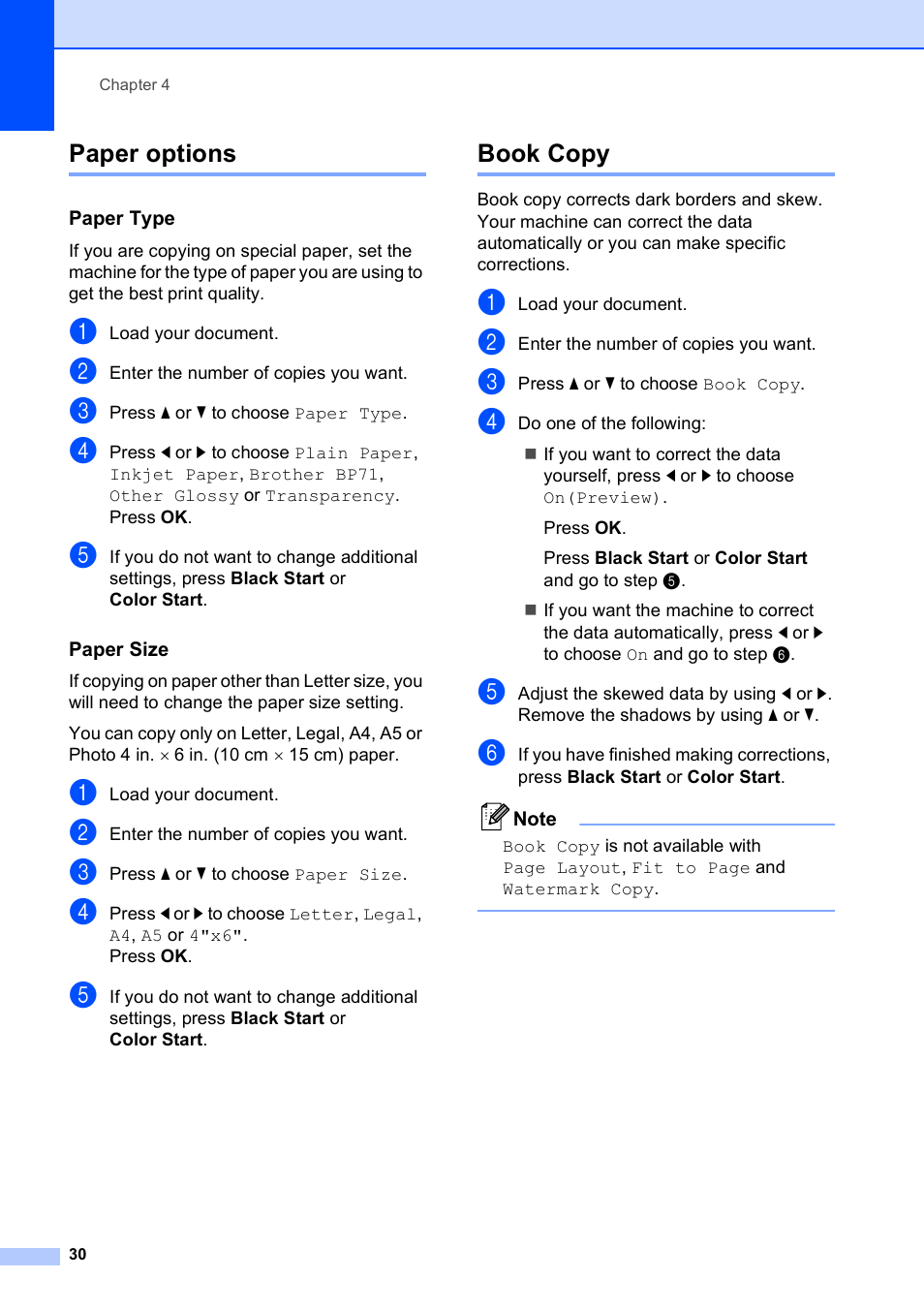 Paper options, Paper type, Paper size | Book copy, Paper options book copy | Brother DCP-585CW User Manual | Page 42 / 132