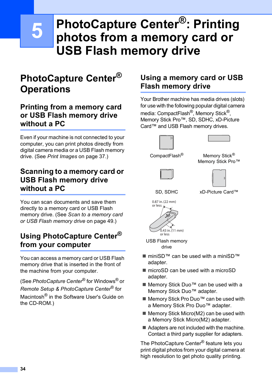 Photocapture center® operations, Using photocapture center® from your computer, Using a memory card or usb flash memory drive | Photocapture center, Printing photos from a memory card or, Usb flash memory drive, Operations, From your computer, Printing photos from a, Memory card or usb flash memory drive | Brother DCP-585CW User Manual | Page 46 / 132