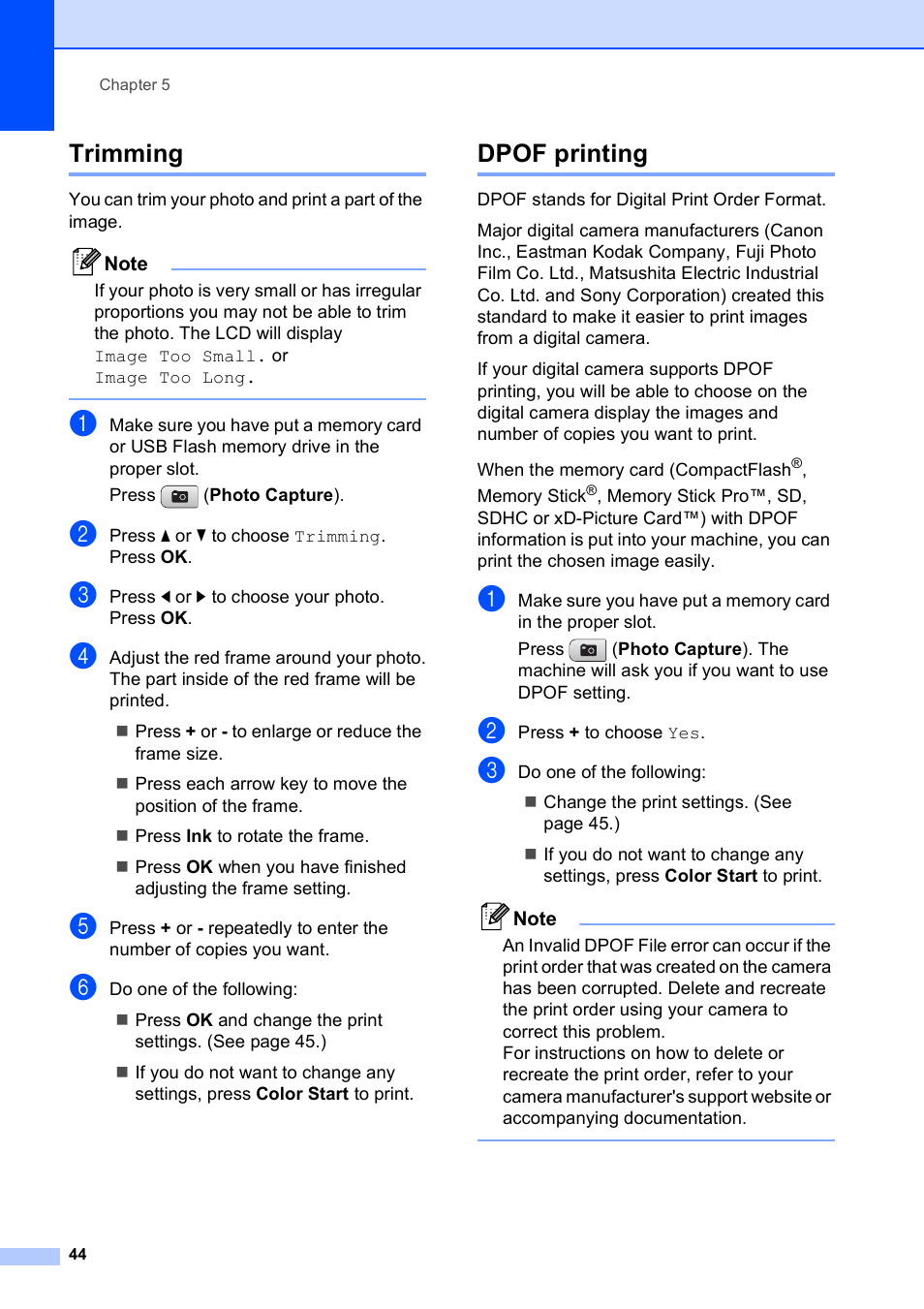 Trimming, Dpof printing, Trimming dpof printing | Brother DCP-585CW User Manual | Page 56 / 132